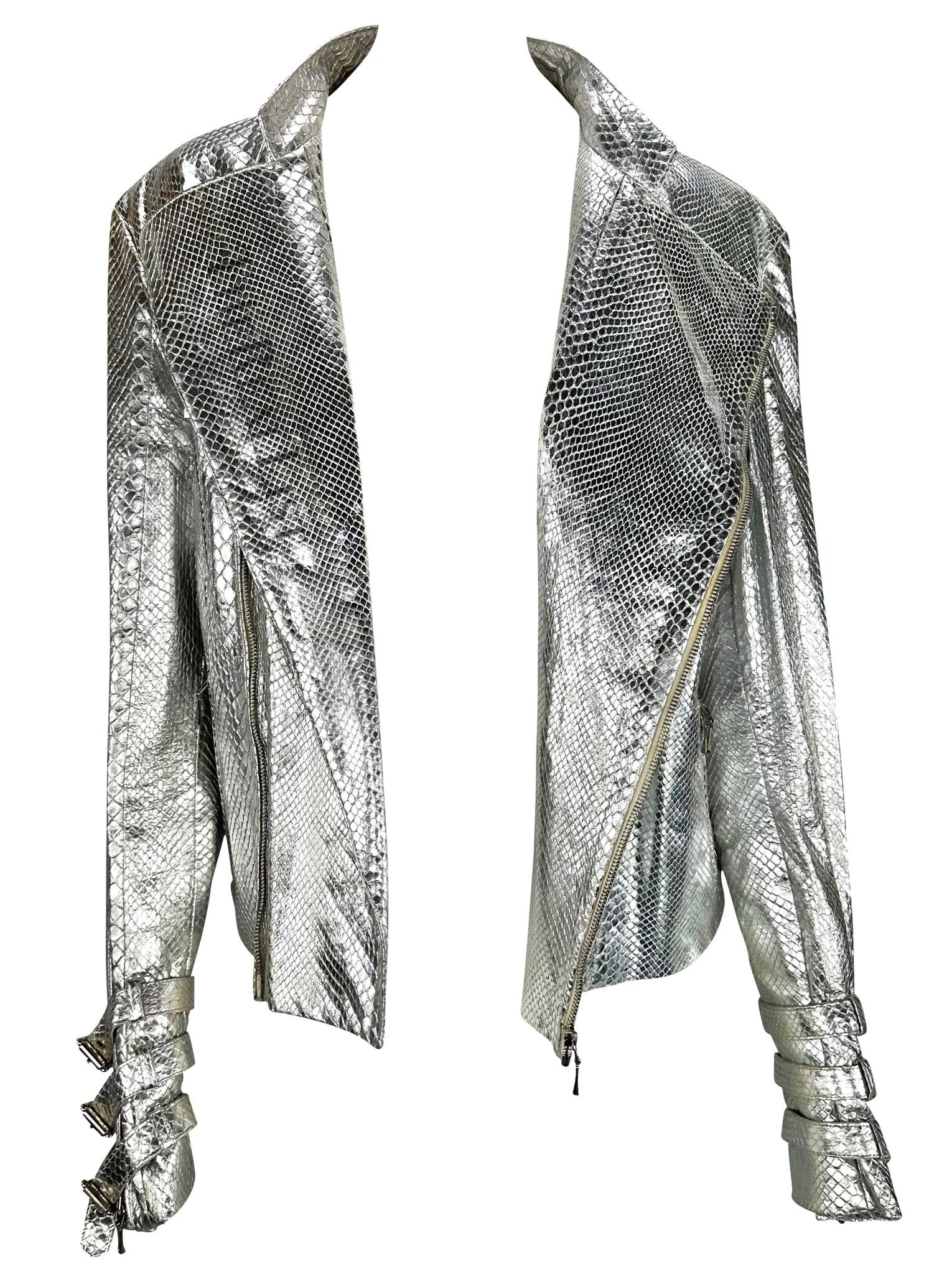 F/W 2000 Gianni Versace by Donatella Mens Runway Silver Python Moto Zip Jacket - RealList