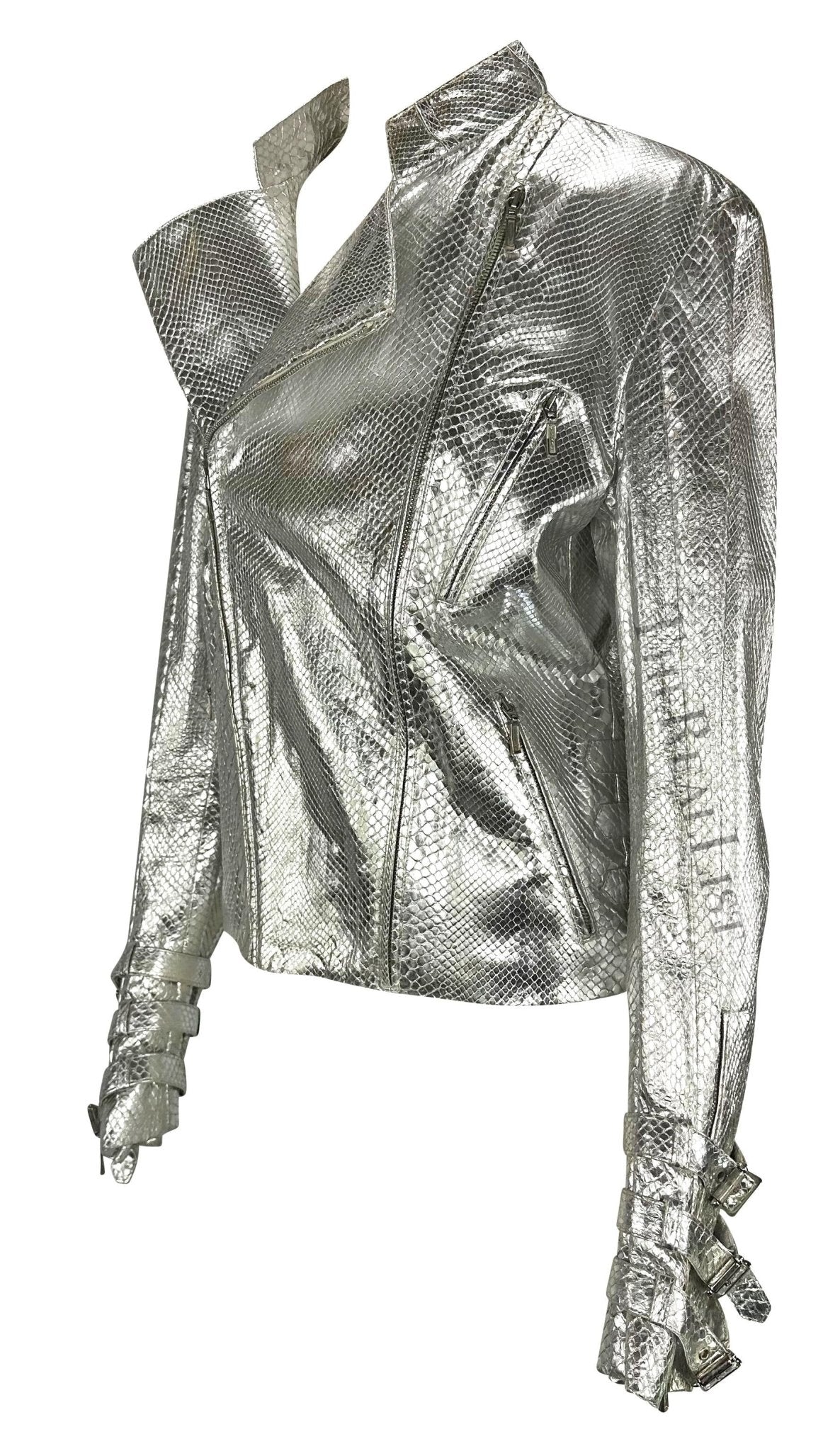 F/W 2000 Gianni Versace by Donatella Mens Runway Silver Python Moto Zip Jacket - RealList