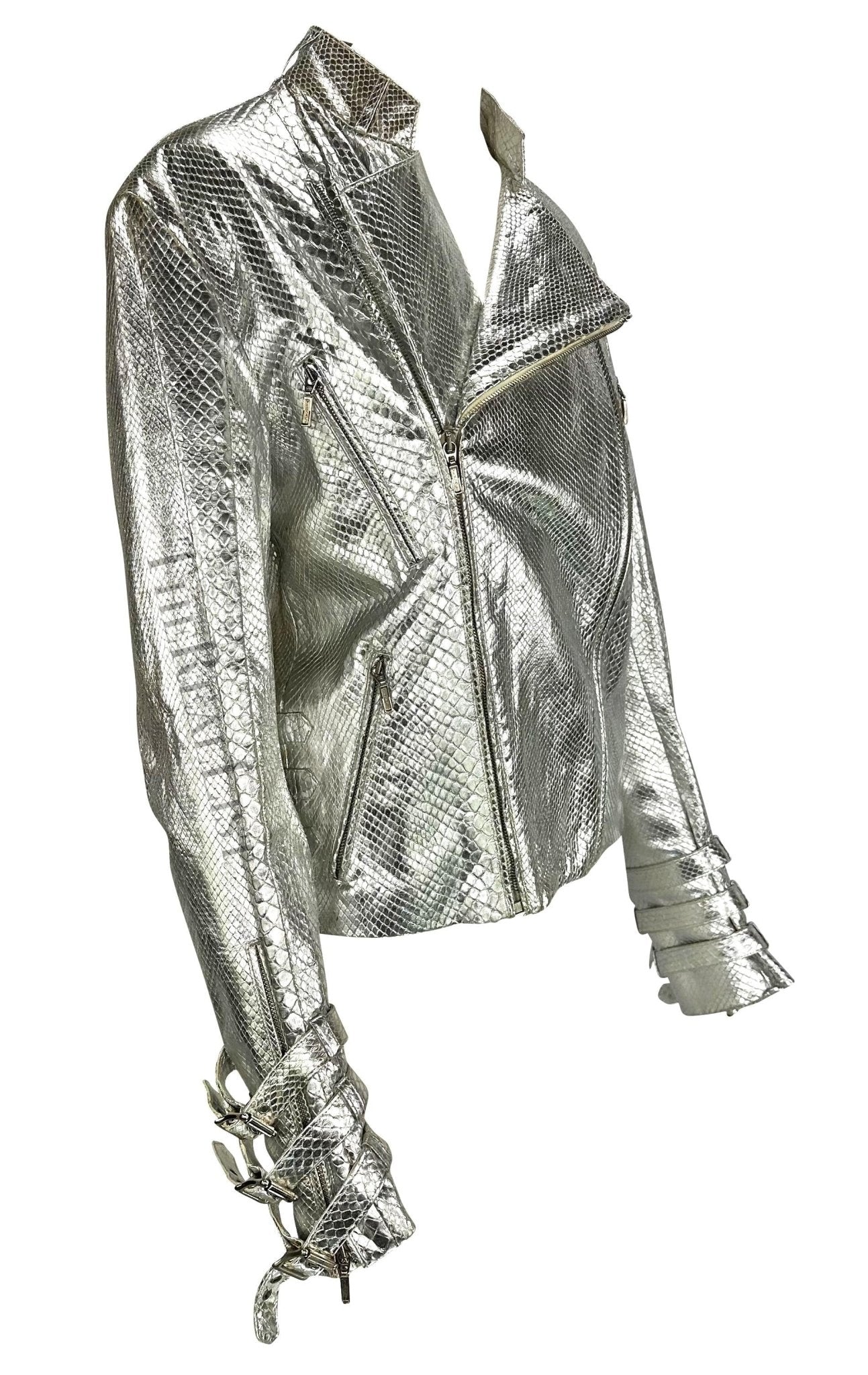 F/W 2000 Gianni Versace by Donatella Mens Runway Silver Python Moto Zip Jacket - RealList
