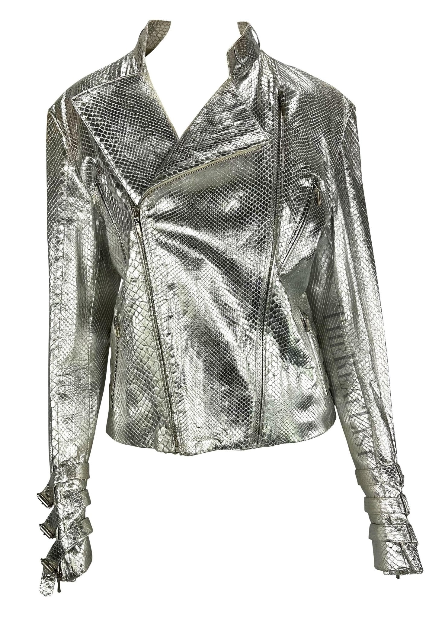 F/W 2000 Gianni Versace by Donatella Mens Runway Silver Python Moto Zip Jacket - RealList