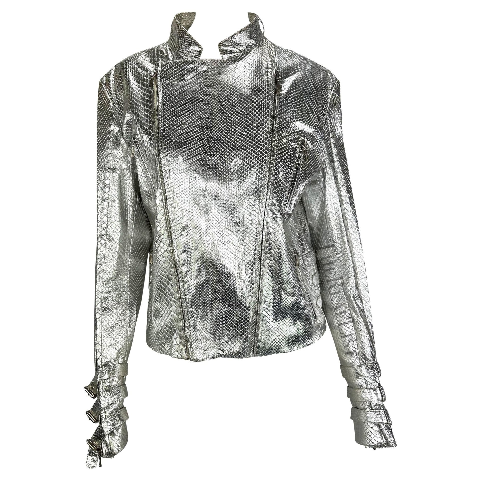 F/W 2000 Gianni Versace by Donatella Mens Runway Silver Python Moto Zip Jacket - RealList