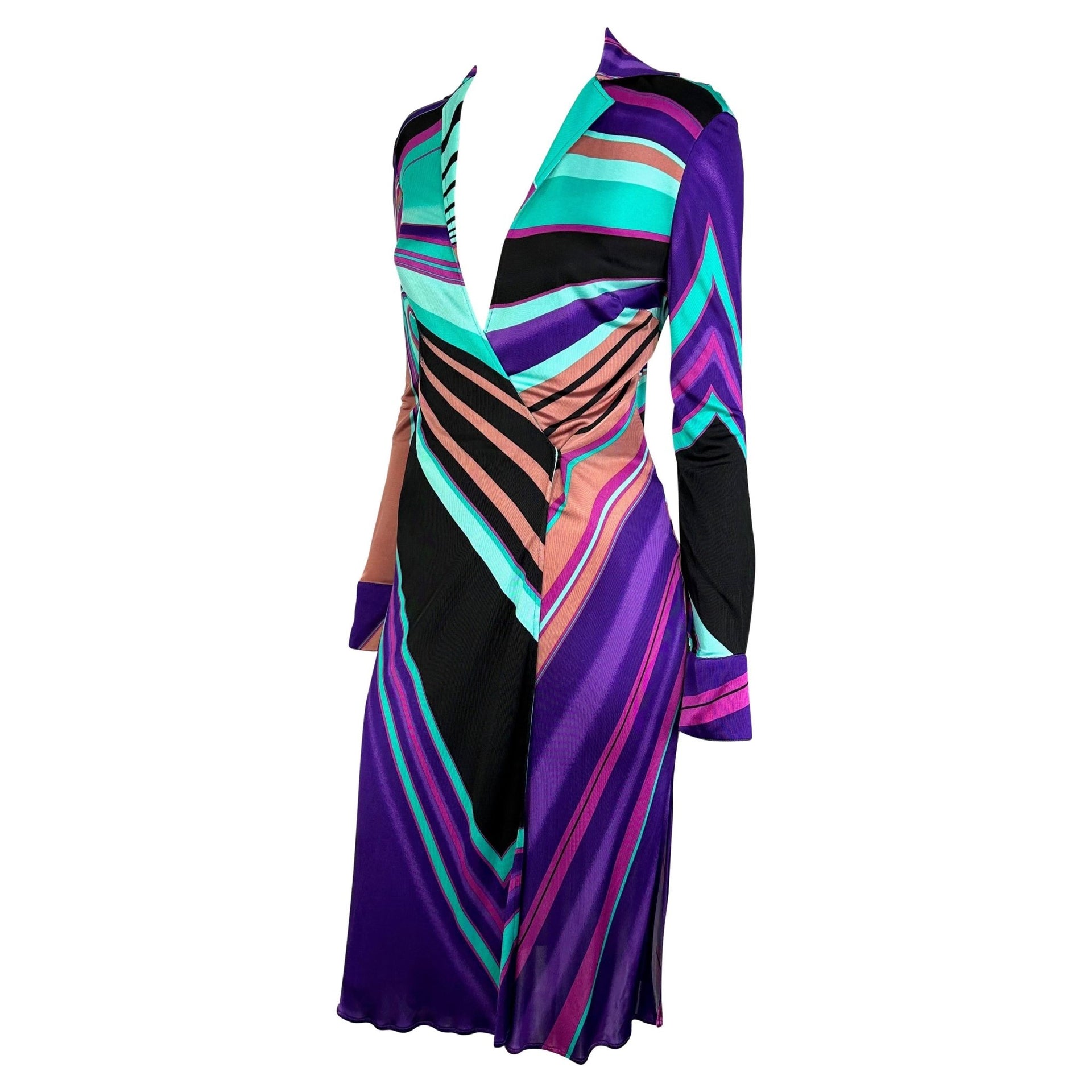 F/W 2000 Gianni Versace by Donatella Multicolor Abstract Plunge Stretch Dress - RealList