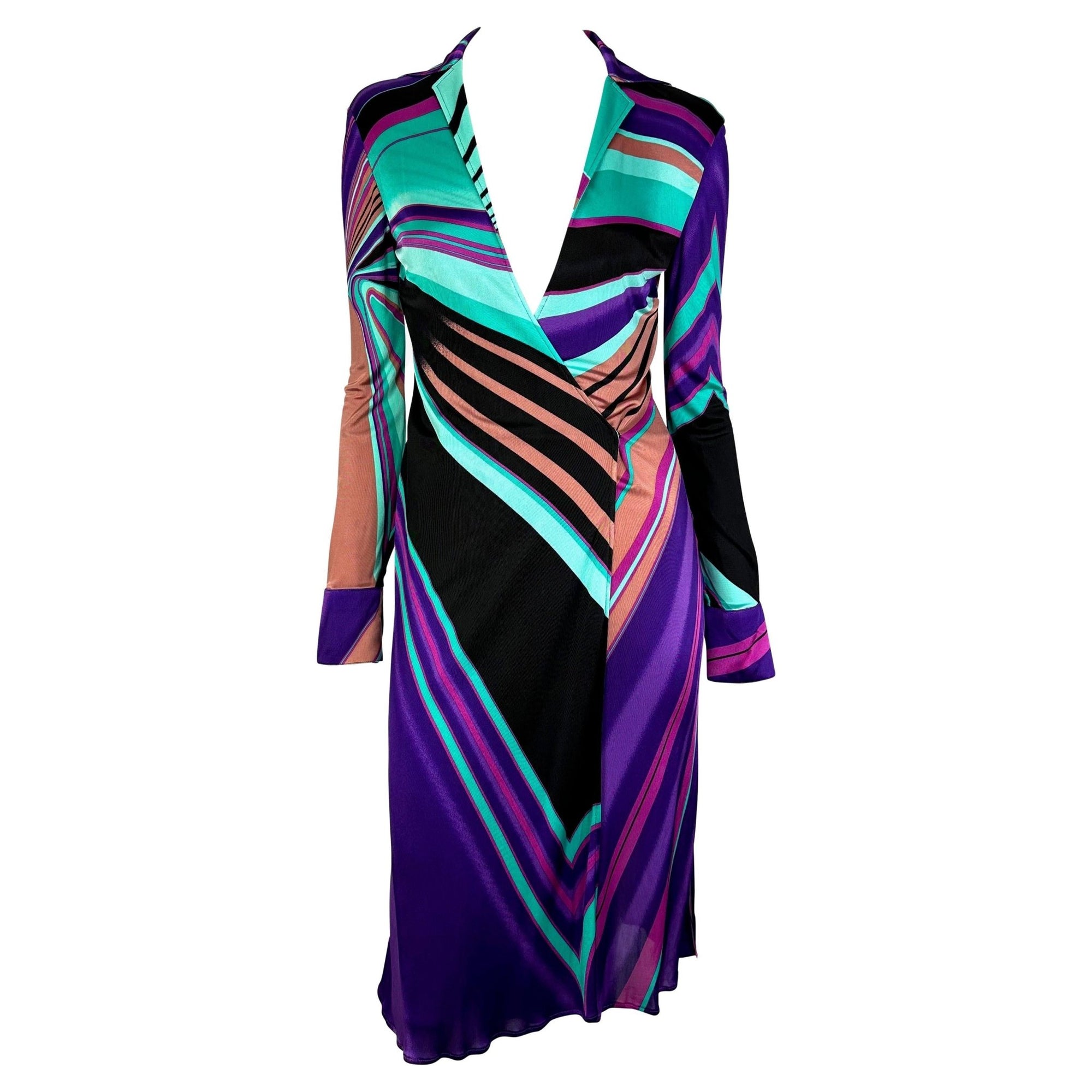 F/W 2000 Gianni Versace by Donatella Multicolor Abstract Plunge Stretch Dress - RealList