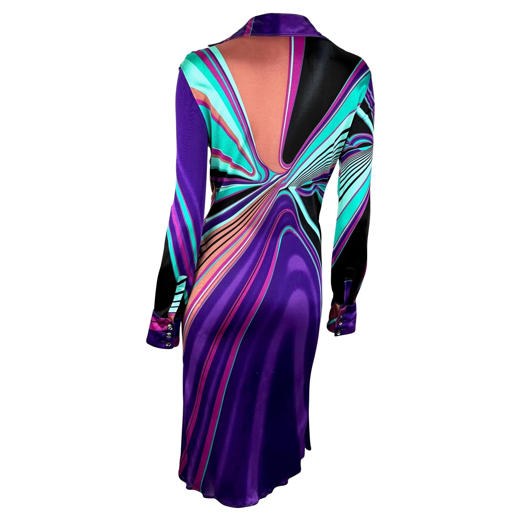 F/W 2000 Gianni Versace by Donatella Multicolor Abstract Plunge Stretch Dress - RealList
