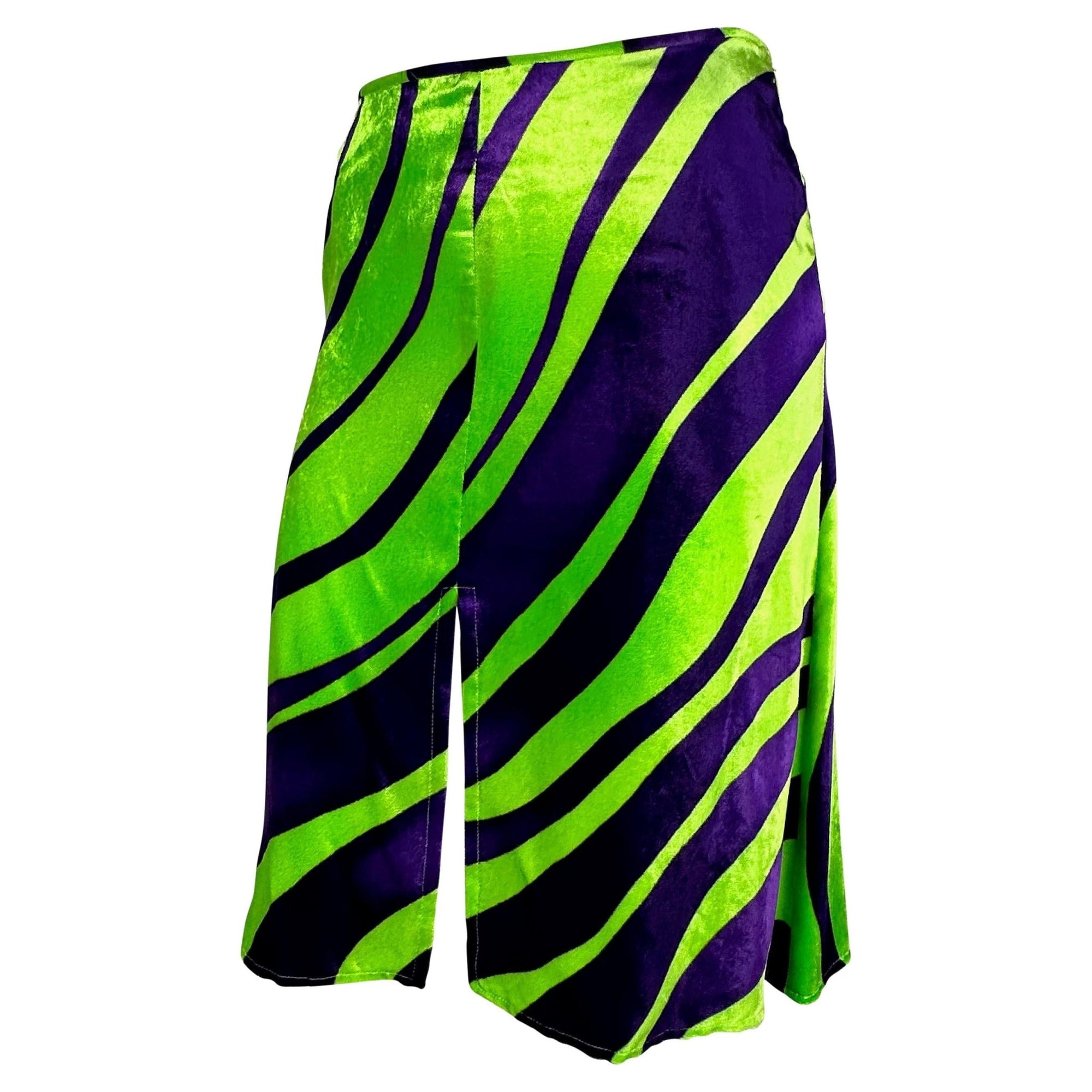 F/W 2000 Gianni Versace by Donatella Purple Green Abstract Velvet Slit Skirt - RealList