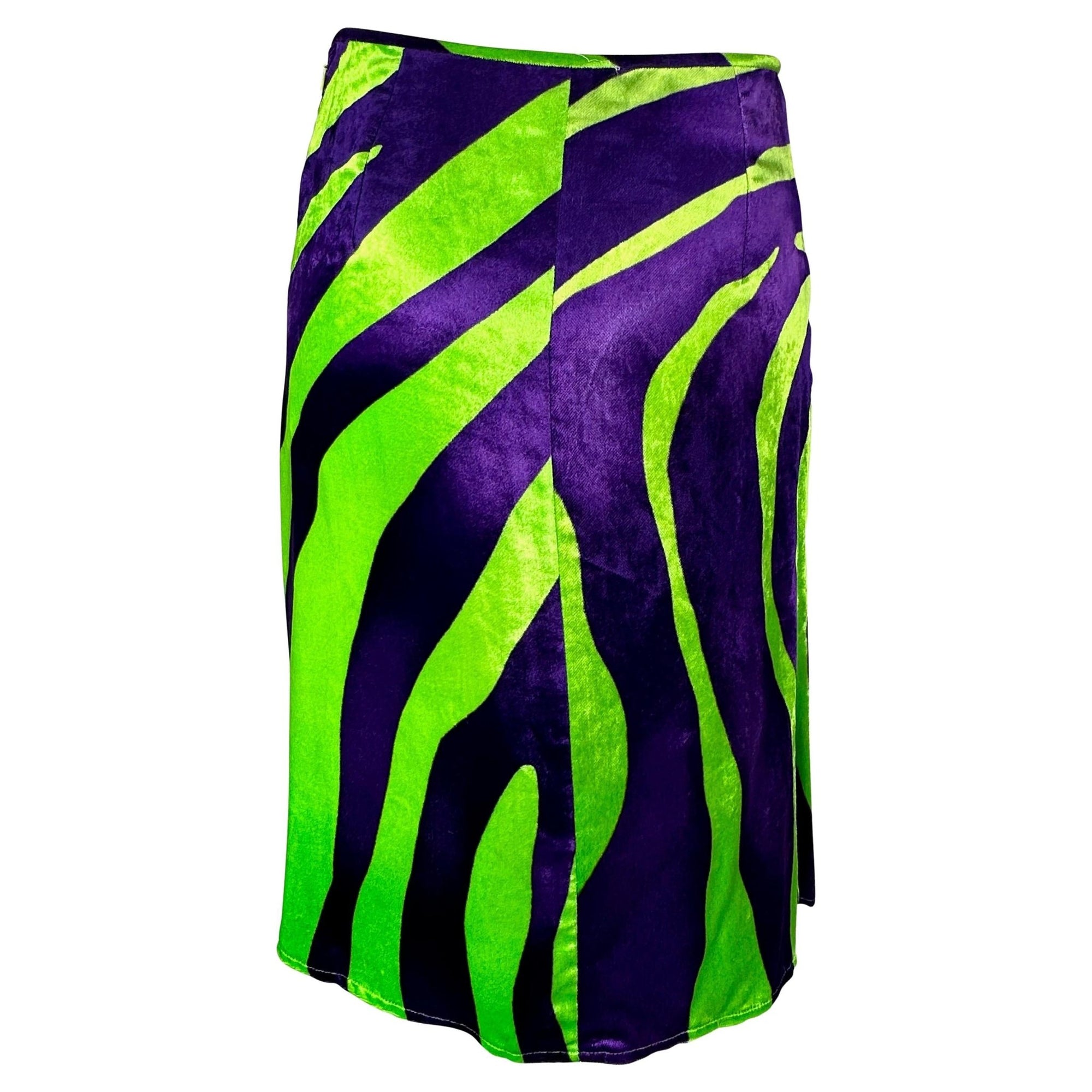 F/W 2000 Gianni Versace by Donatella Purple Green Abstract Velvet Slit Skirt - RealList
