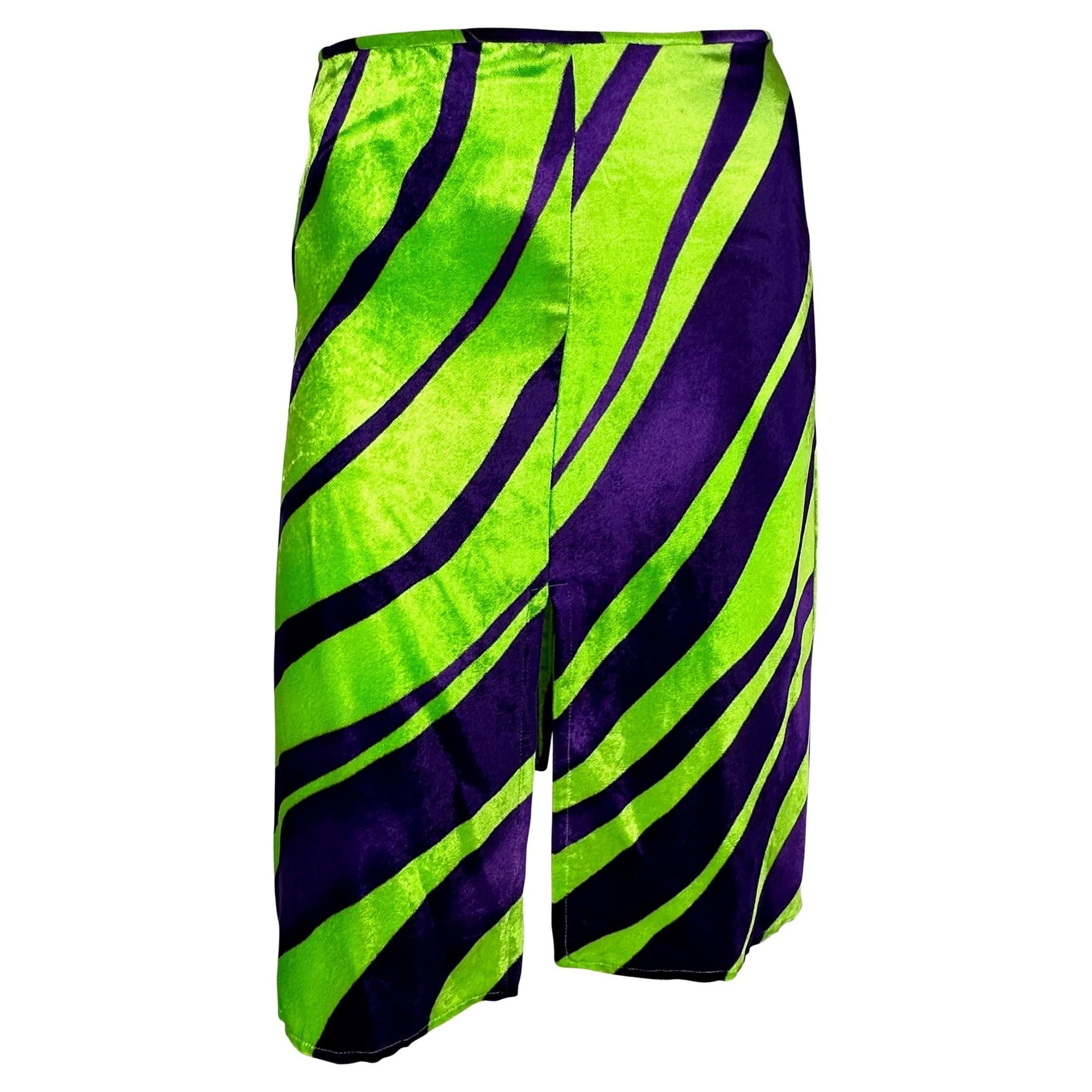 F/W 2000 Gianni Versace by Donatella Purple Green Abstract Velvet Slit Skirt - RealList