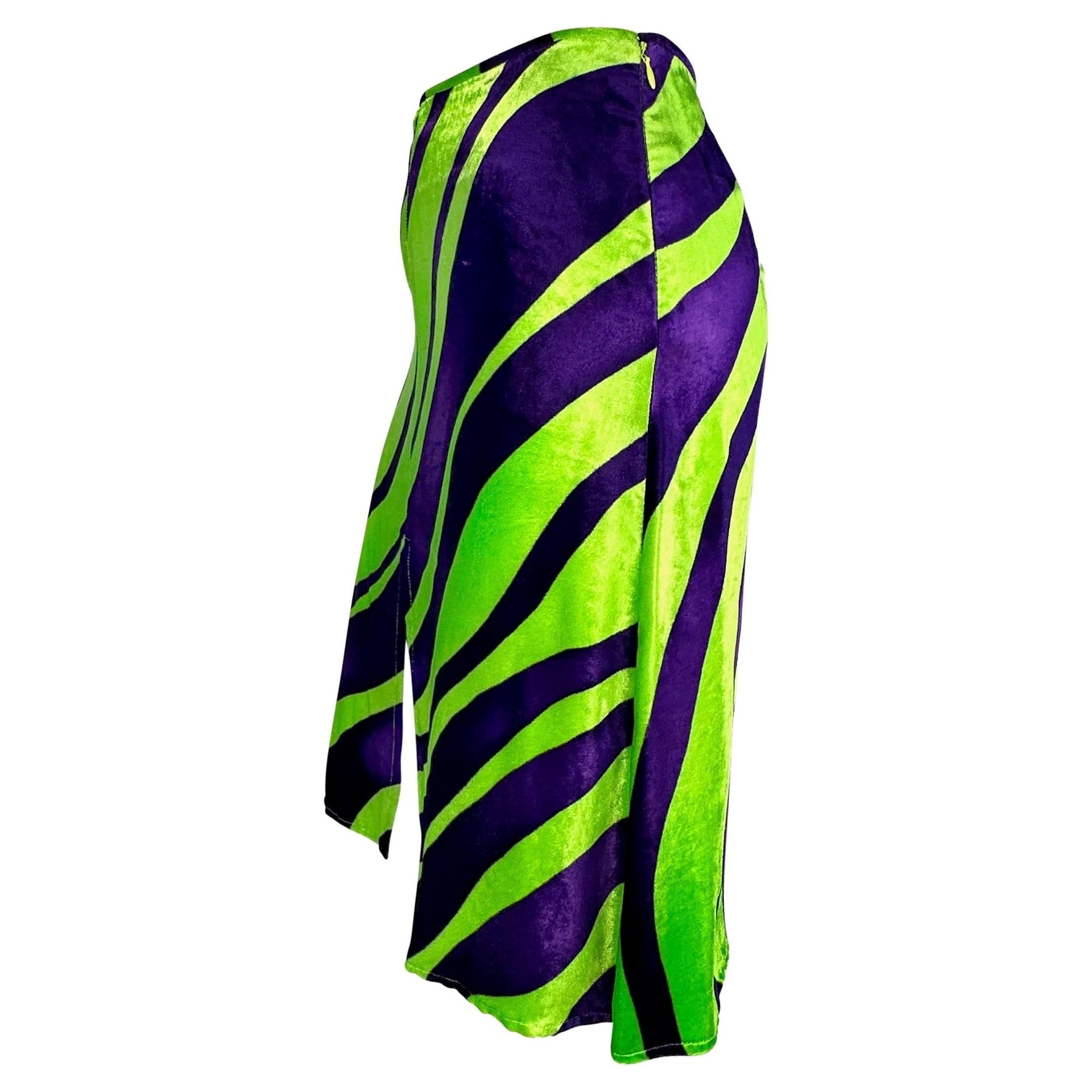 F/W 2000 Gianni Versace by Donatella Purple Green Abstract Velvet Slit Skirt - RealList