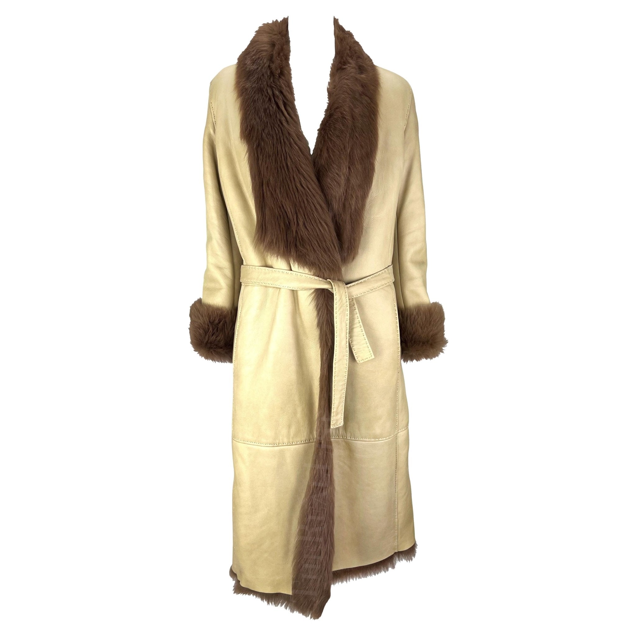 F/W 2000 Gianni Versace by Donatella Runway Tan Leather Shearling Fur Coat - RealList