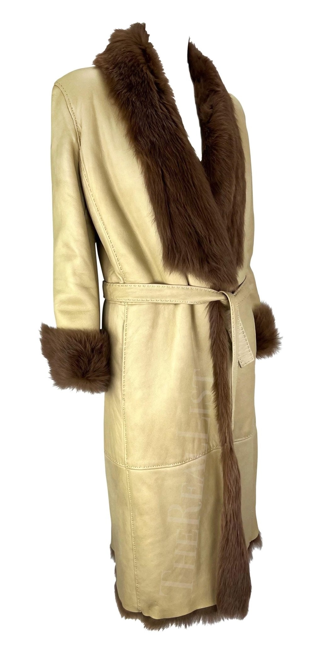 F/W 2000 Gianni Versace by Donatella Runway Tan Leather Shearling Fur Coat - RealList