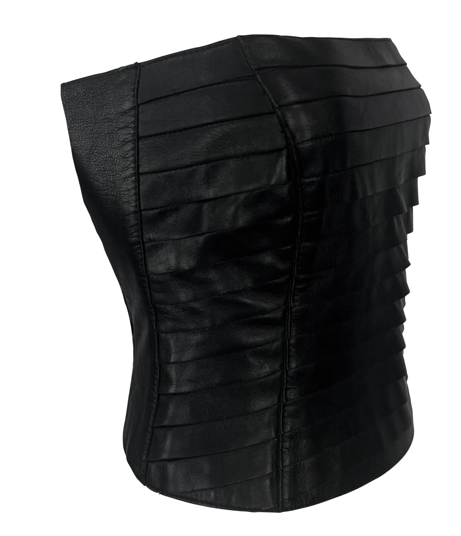 F/W 2000 Giorgio Armani Black Leather Strip Strapless Bustier Crop Top - RealList