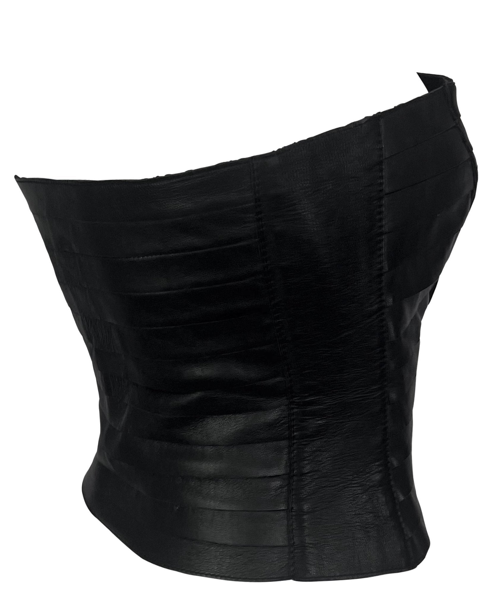 F/W 2000 Giorgio Armani Black Leather Strip Strapless Bustier Crop Top - RealList