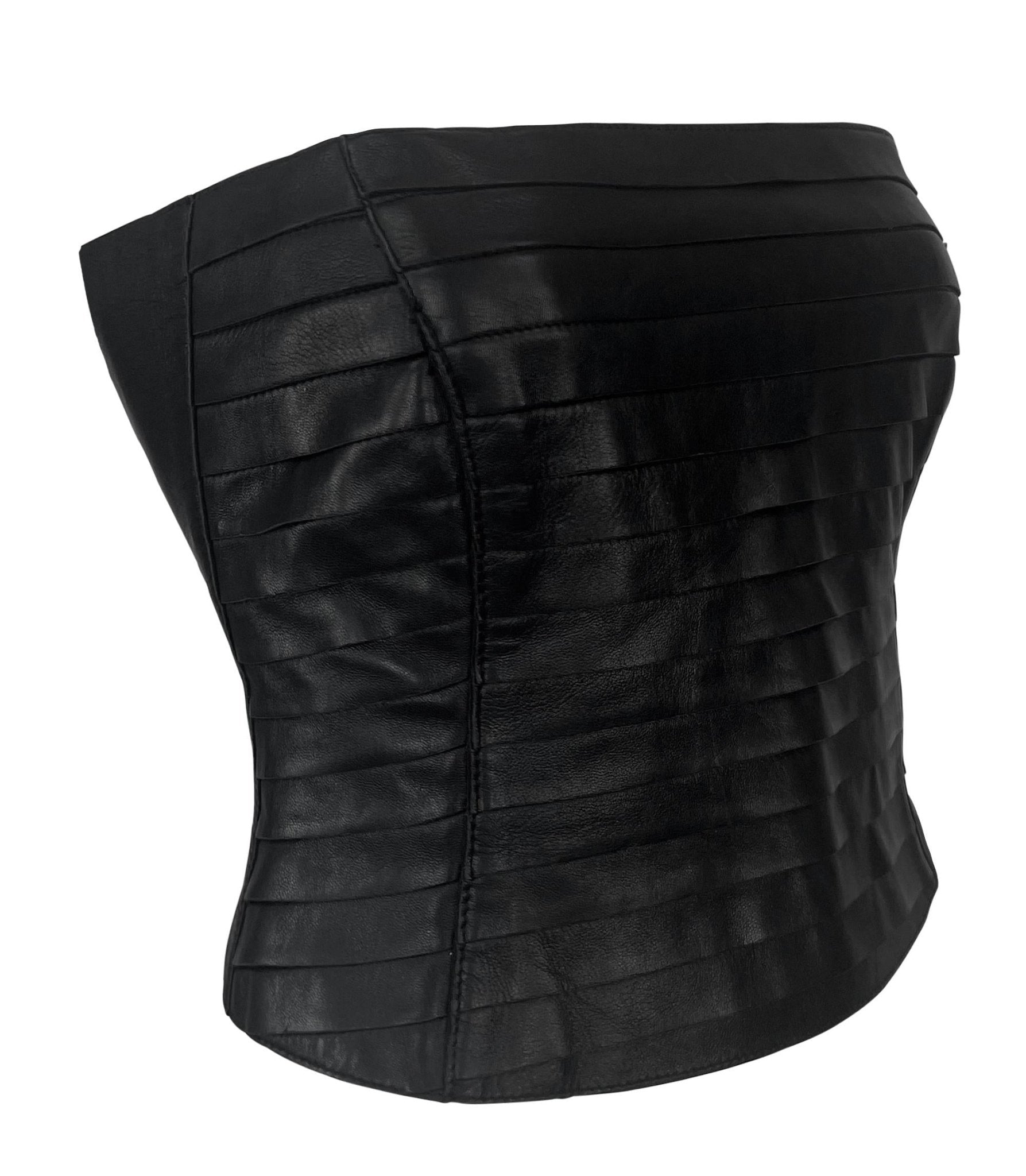F/W 2000 Giorgio Armani Black Leather Strip Strapless Bustier Crop Top - RealList