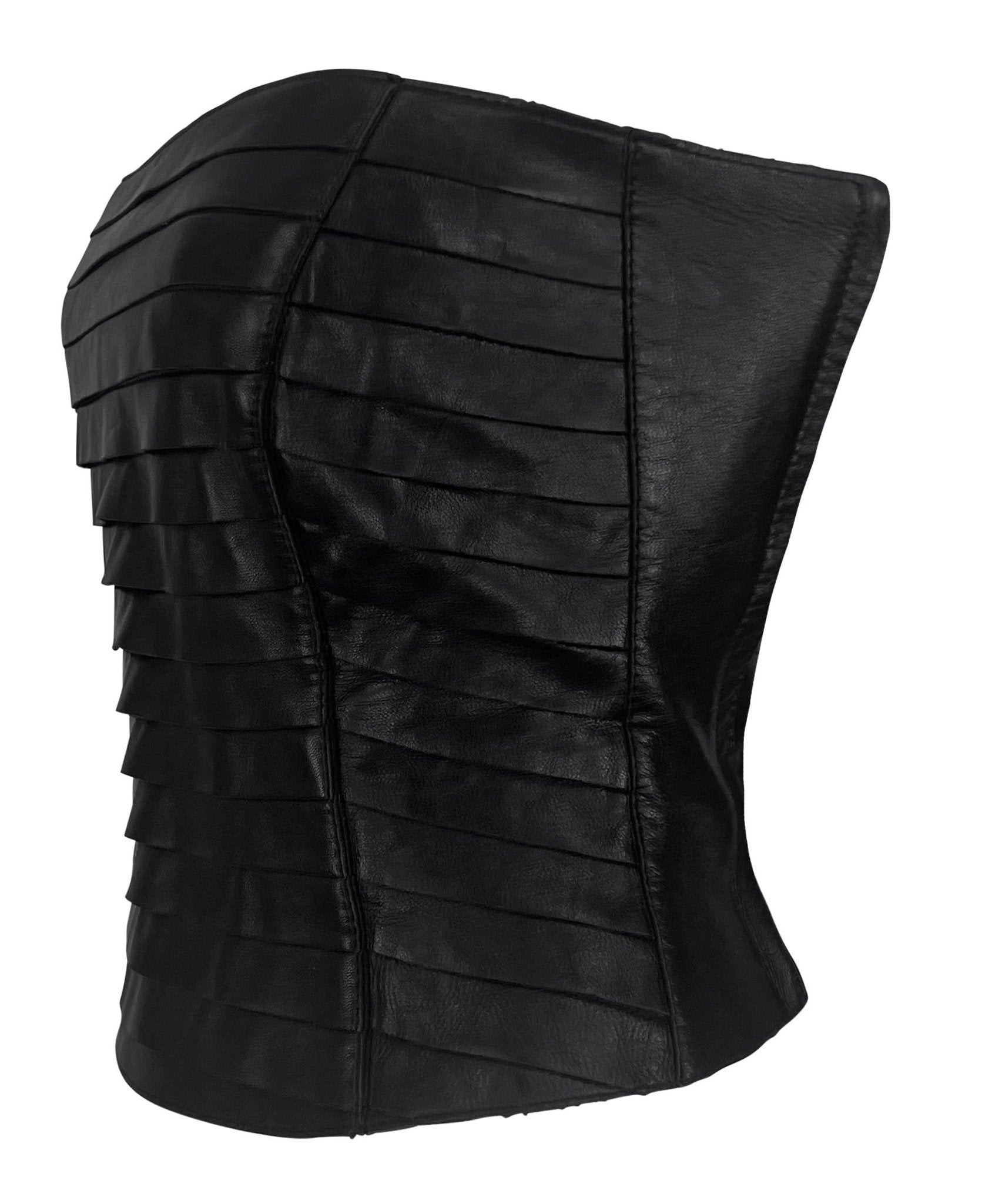 F/W 2000 Giorgio Armani Black Leather Strip Strapless Bustier Crop Top - RealList
