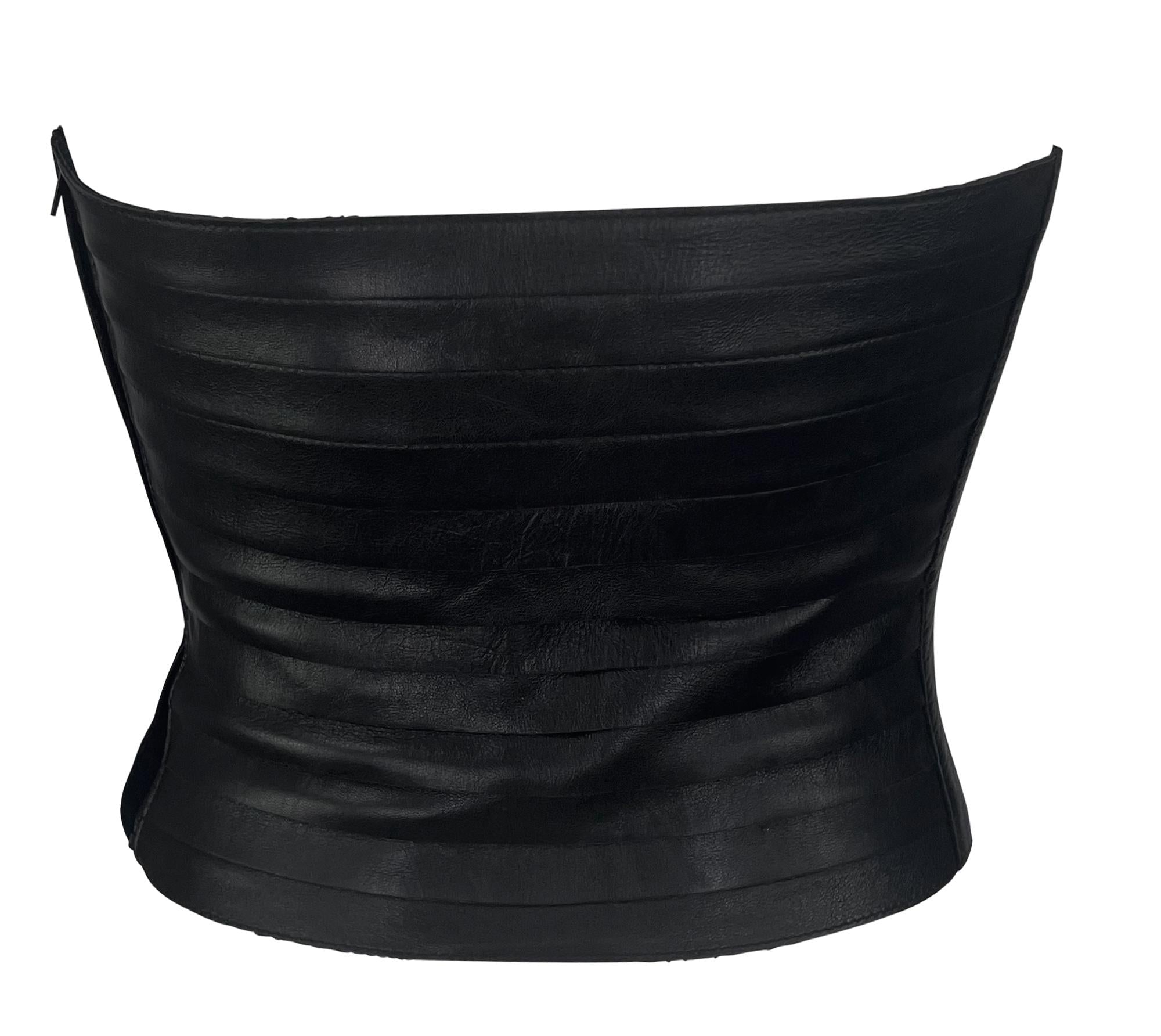 F/W 2000 Giorgio Armani Black Leather Strip Strapless Bustier Crop Top - RealList