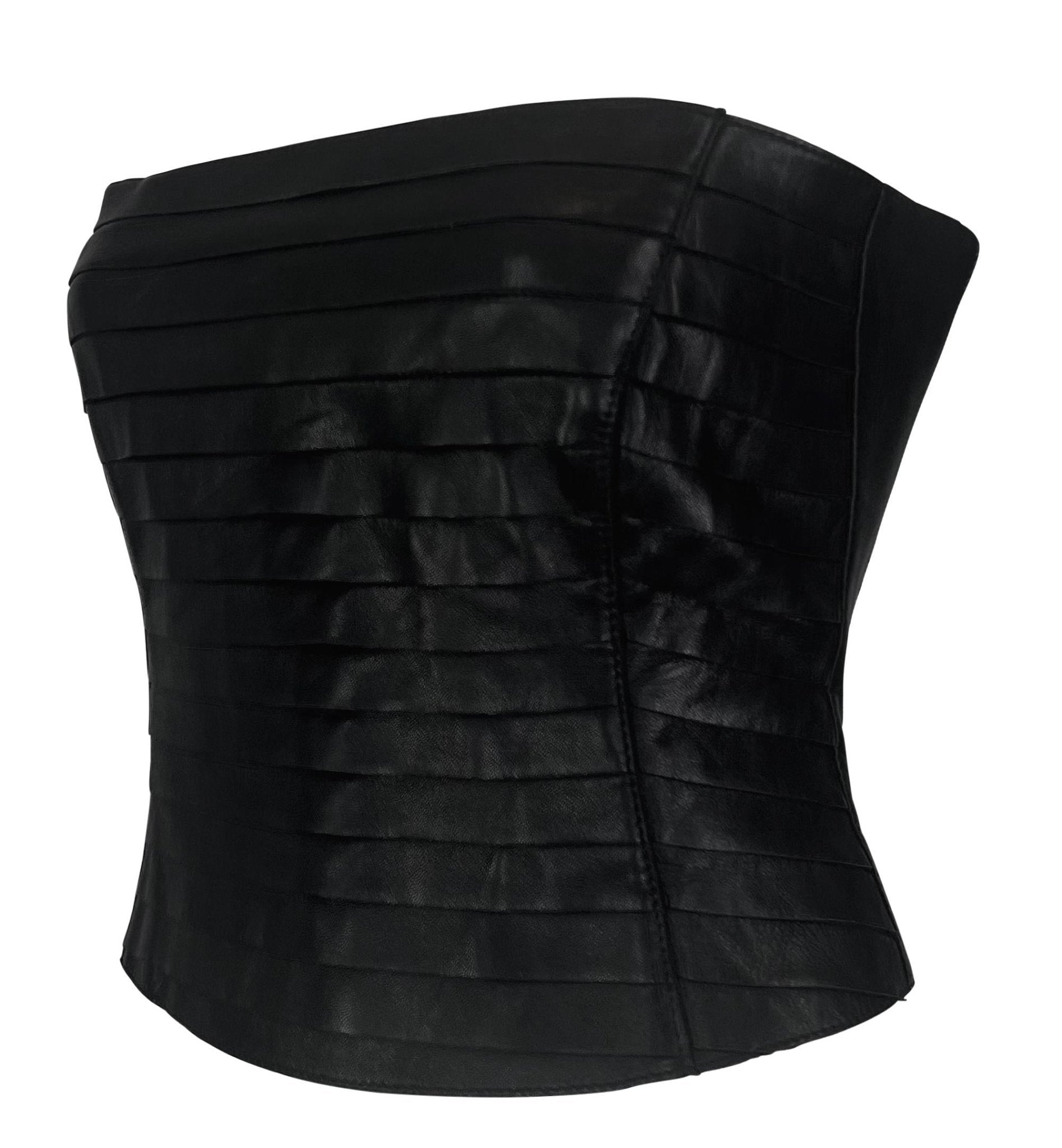 F/W 2000 Giorgio Armani Black Leather Strip Strapless Bustier Crop Top - RealList