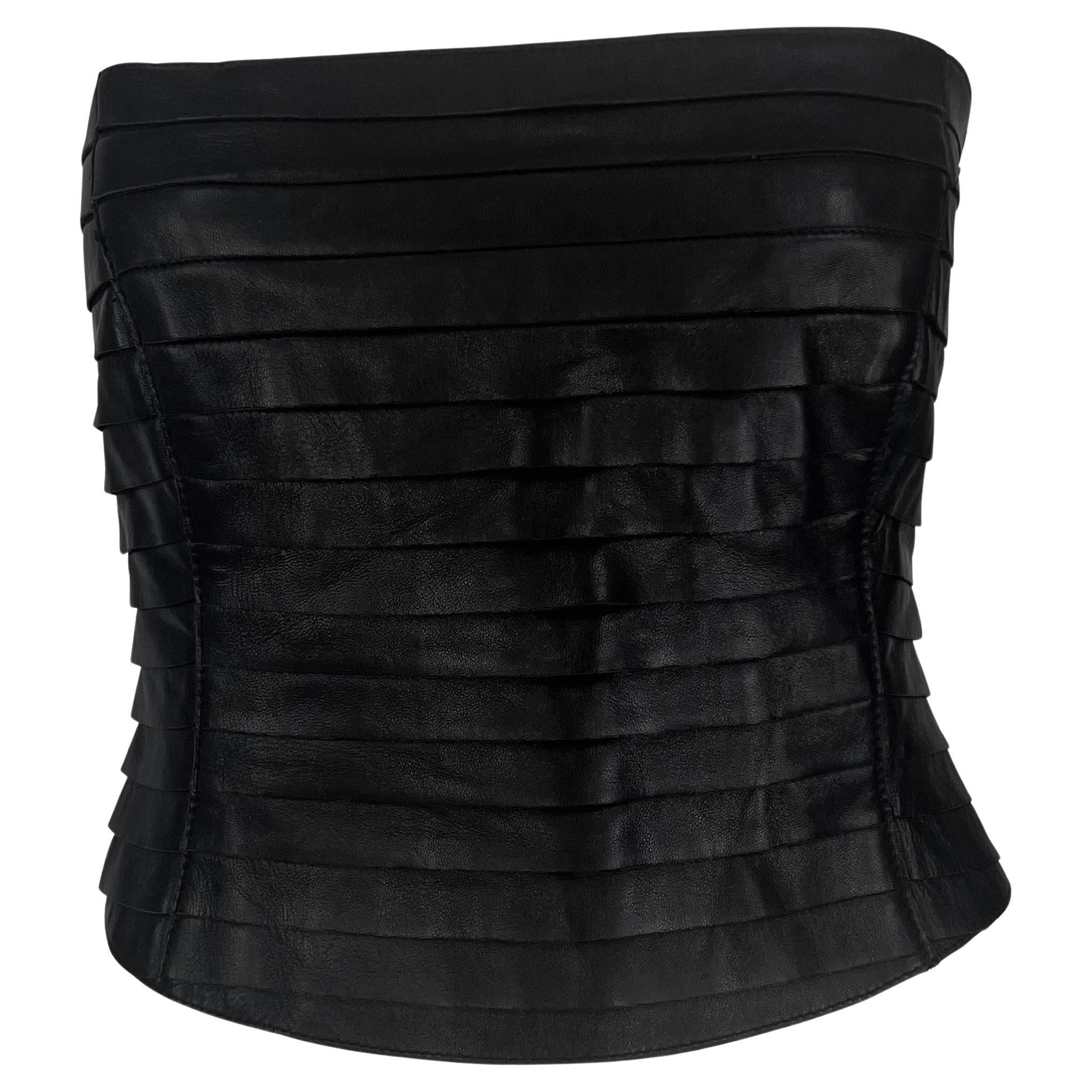 F/W 2000 Giorgio Armani Black Leather Strip Strapless Bustier Crop Top - RealList