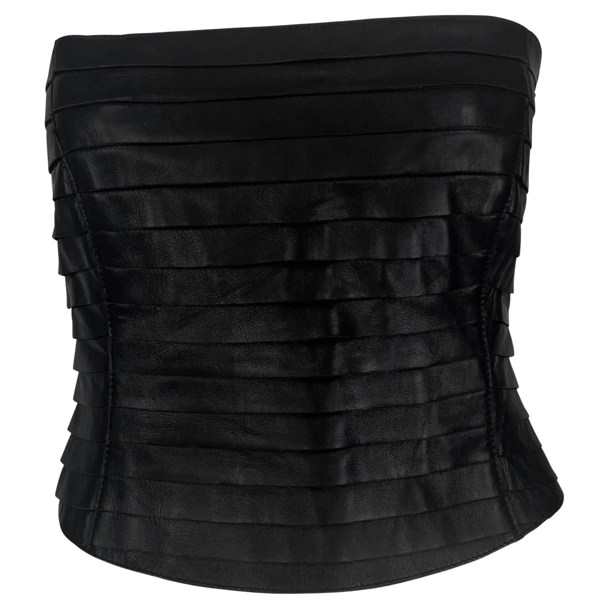 F/W 2000 Giorgio Armani Black Leather Strip Strapless Bustier Crop Top - RealList