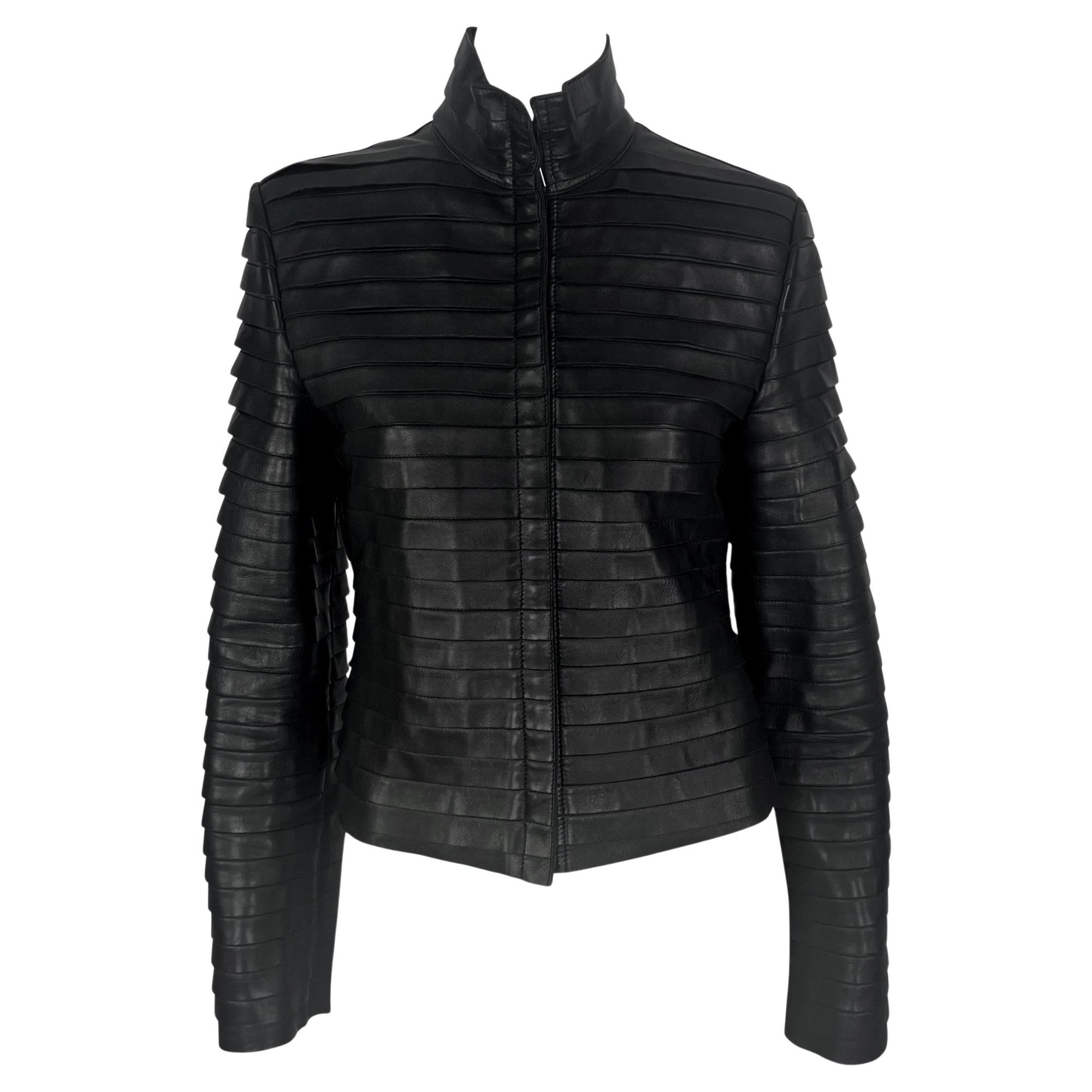F/W 2000 Giorgio Armani Runway Ad Black Leather Layered Strip Panel Moto Jacket - RealList