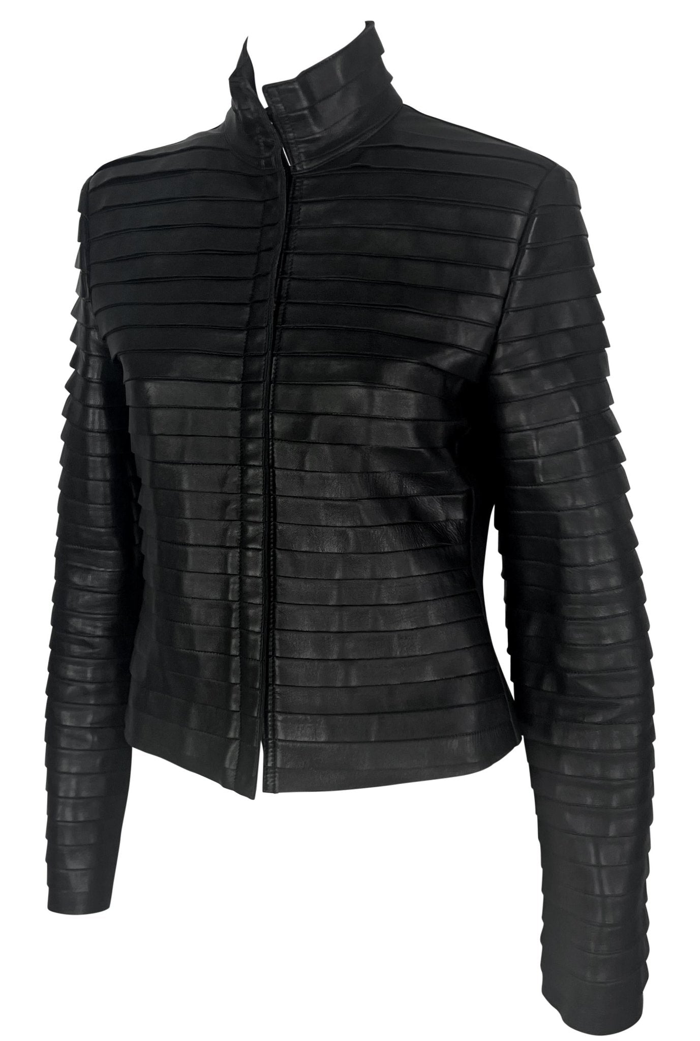 F/W 2000 Giorgio Armani Runway Ad Black Leather Layered Strip Panel Moto Jacket - RealList
