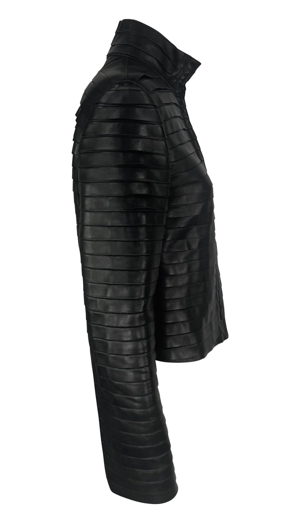 F/W 2000 Giorgio Armani Runway Ad Black Leather Layered Strip Panel Moto Jacket - RealList