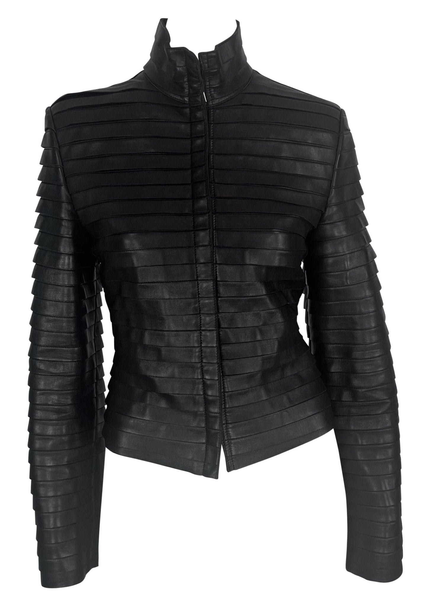 F/W 2000 Giorgio Armani Runway Ad Black Leather Layered Strip Panel Moto Jacket - RealList