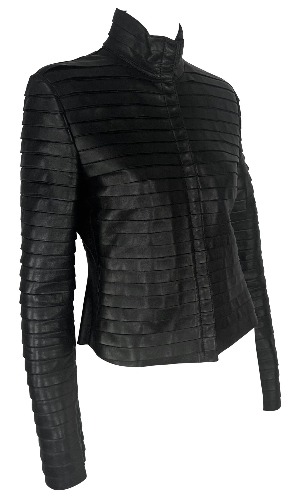 F/W 2000 Giorgio Armani Runway Ad Black Leather Layered Strip Panel Moto Jacket - RealList