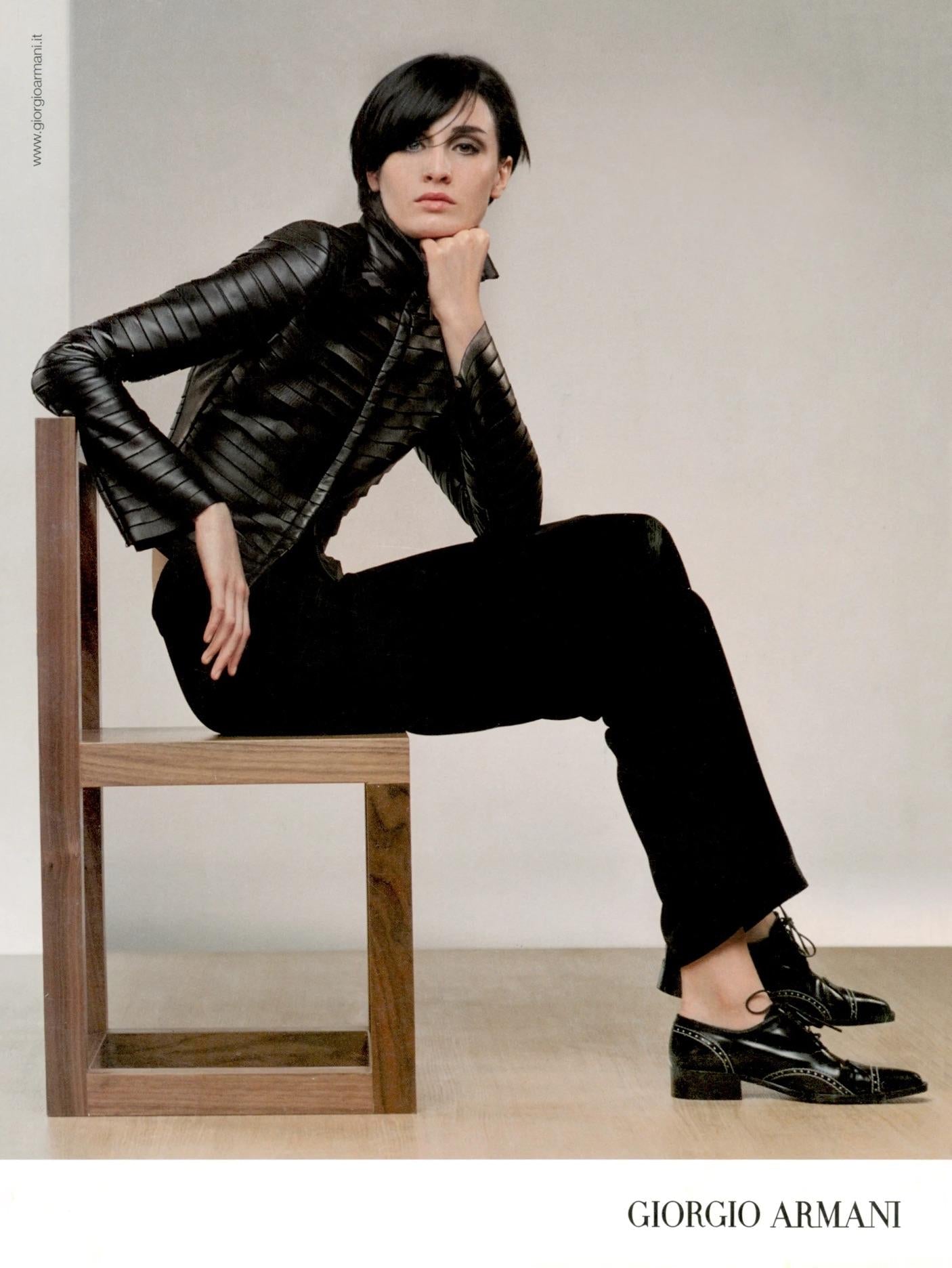 F/W 2000 Giorgio Armani Runway Ad Black Leather Layered Strip Panel Moto Jacket - RealList