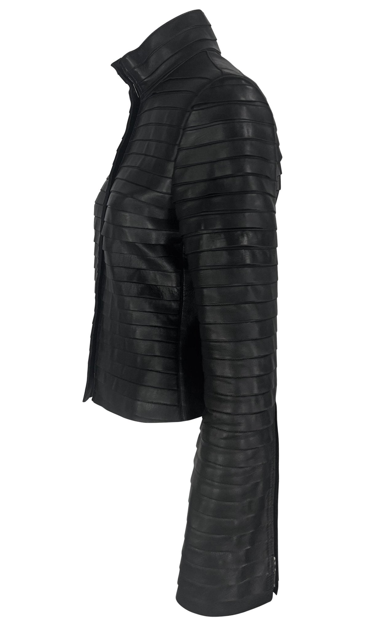 F/W 2000 Giorgio Armani Runway Ad Black Leather Layered Strip Panel Moto Jacket - RealList