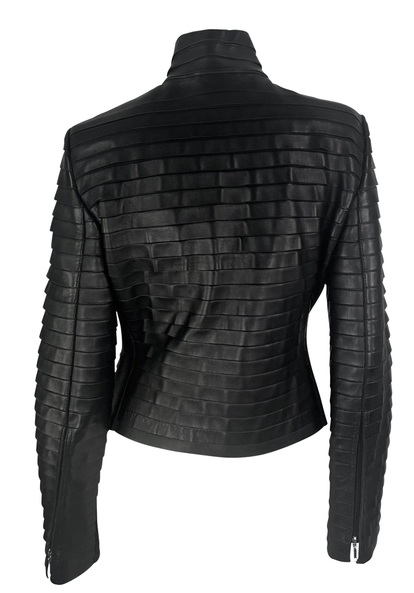 F/W 2000 Giorgio Armani Runway Ad Black Leather Layered Strip Panel Moto Jacket - RealList