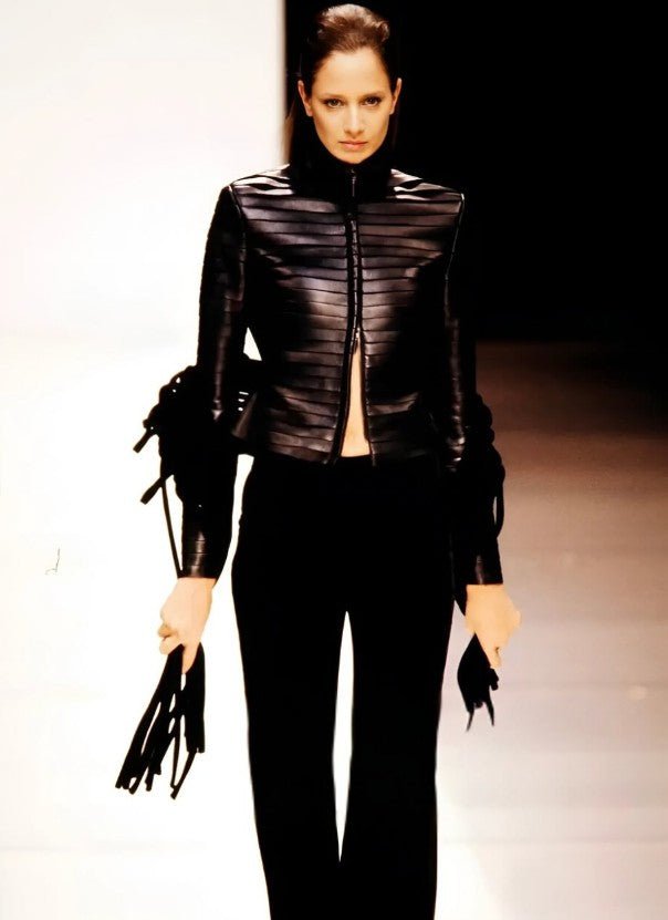 F/W 2000 Giorgio Armani Runway Ad Black Leather Layered Strip Panel Moto Jacket - RealList