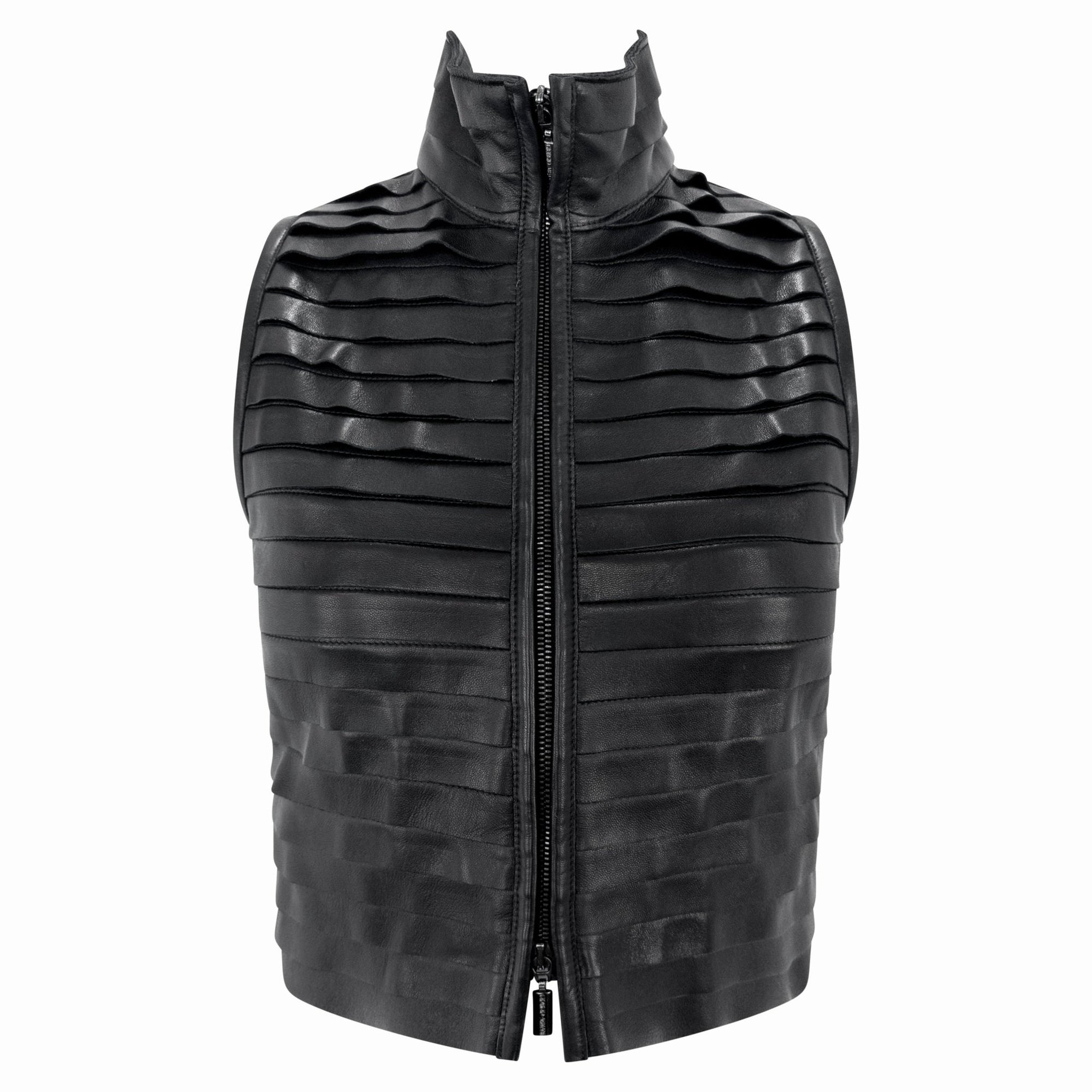 F/W 2000 Giorgio Armani Runway Black Leather Strip Sleeveless Cropped Vest - RealList