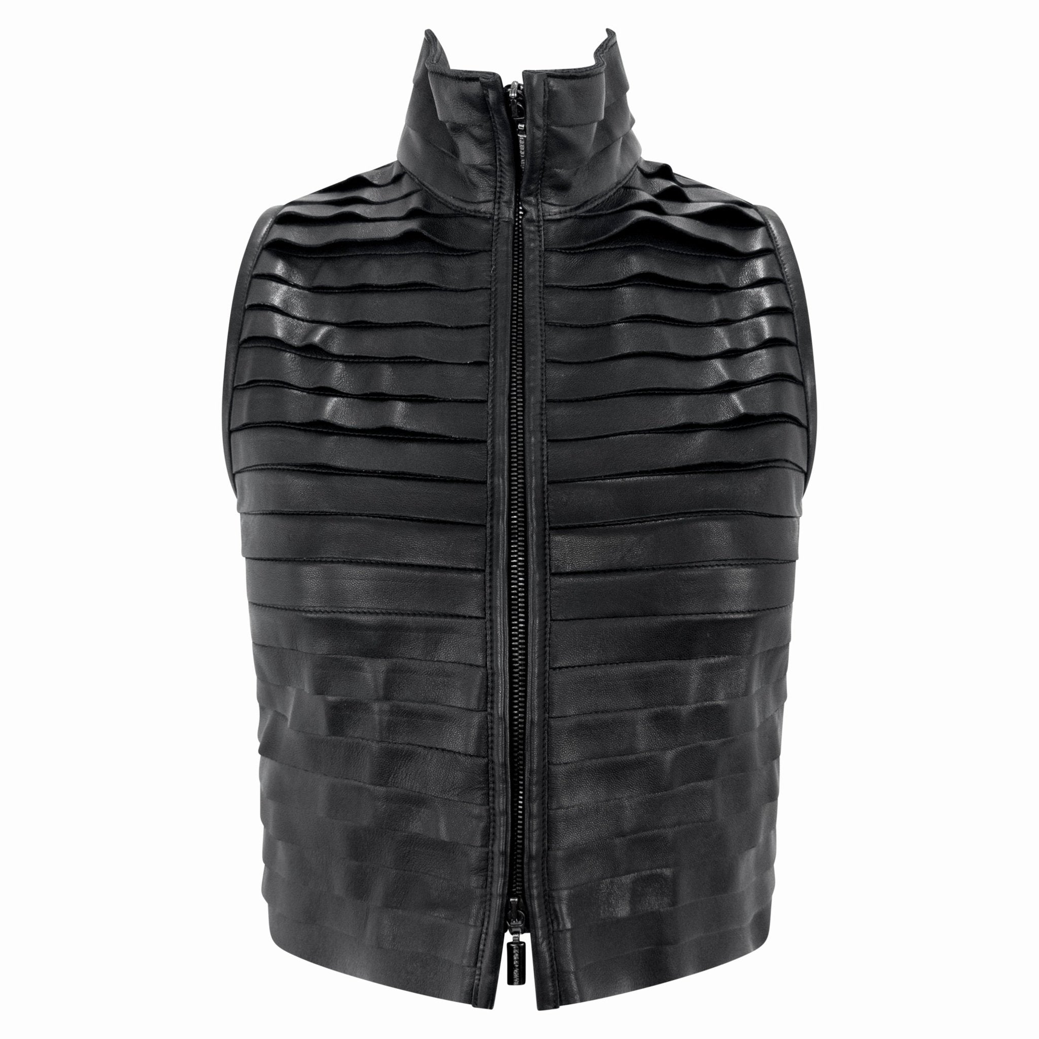F/W 2000 Giorgio Armani Runway Black Leather Strip Sleeveless Cropped Vest - RealList