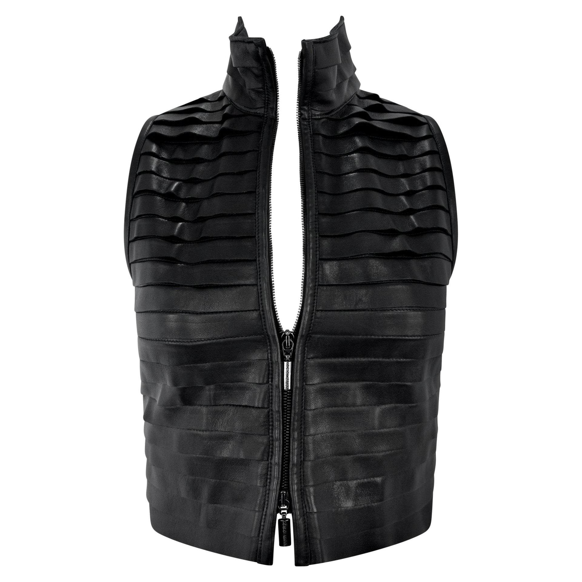 F/W 2000 Giorgio Armani Runway Black Leather Strip Sleeveless Cropped Vest - RealList