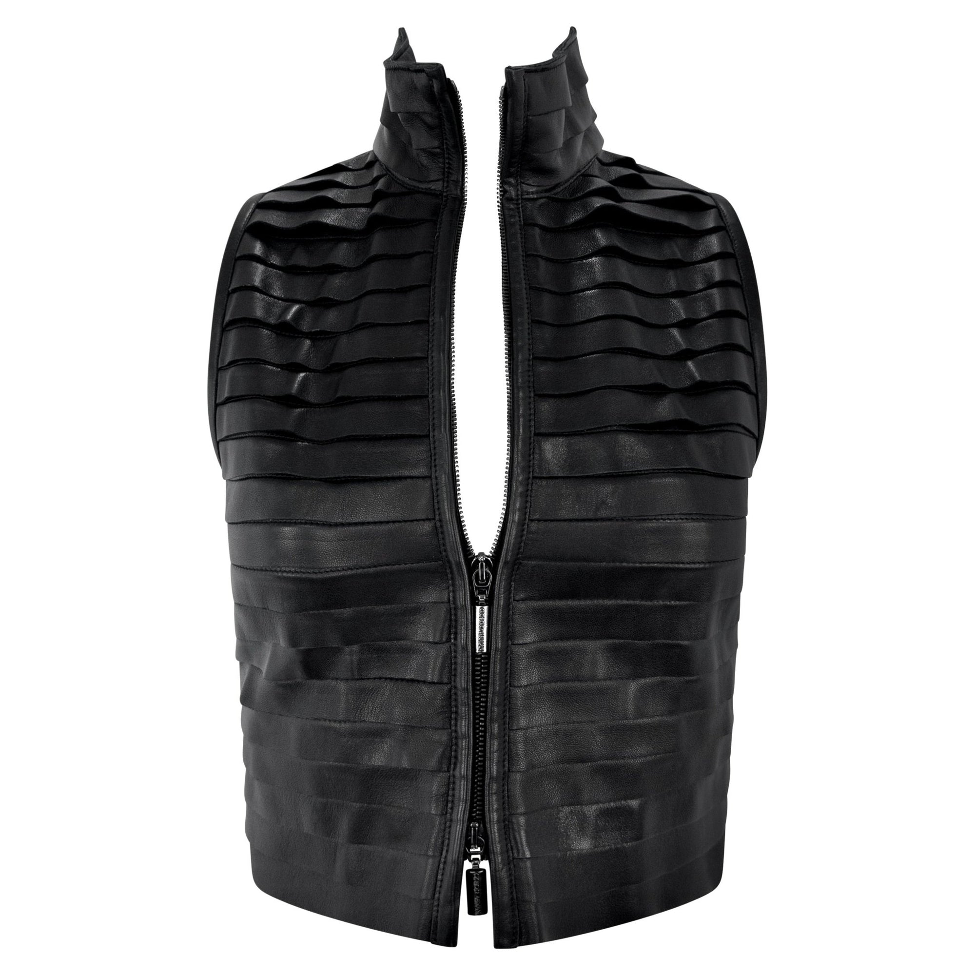 F/W 2000 Giorgio Armani Runway Black Leather Strip Sleeveless Cropped Vest - RealList