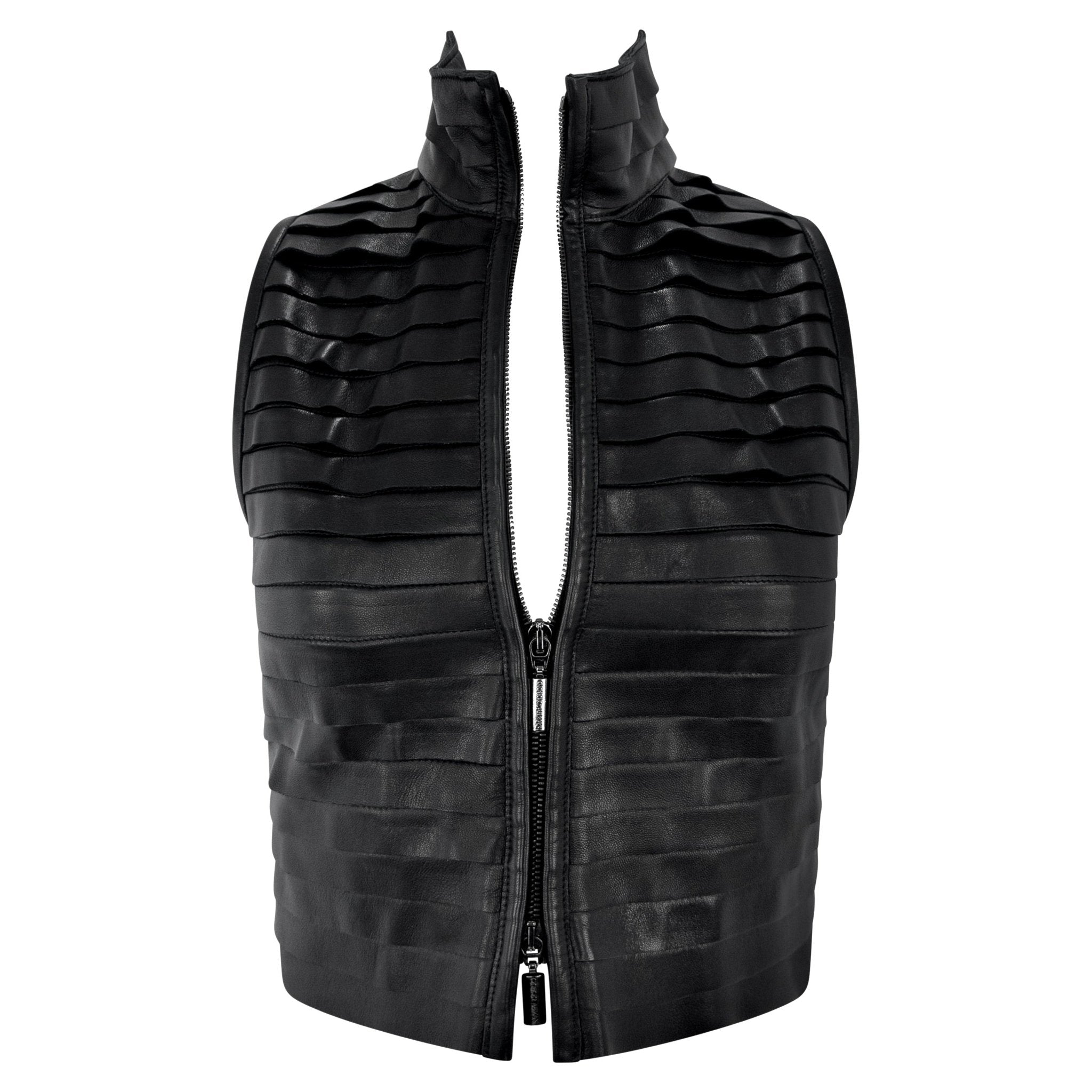 F/W 2000 Giorgio Armani Runway Black Leather Strip Sleeveless Cropped Vest - RealList