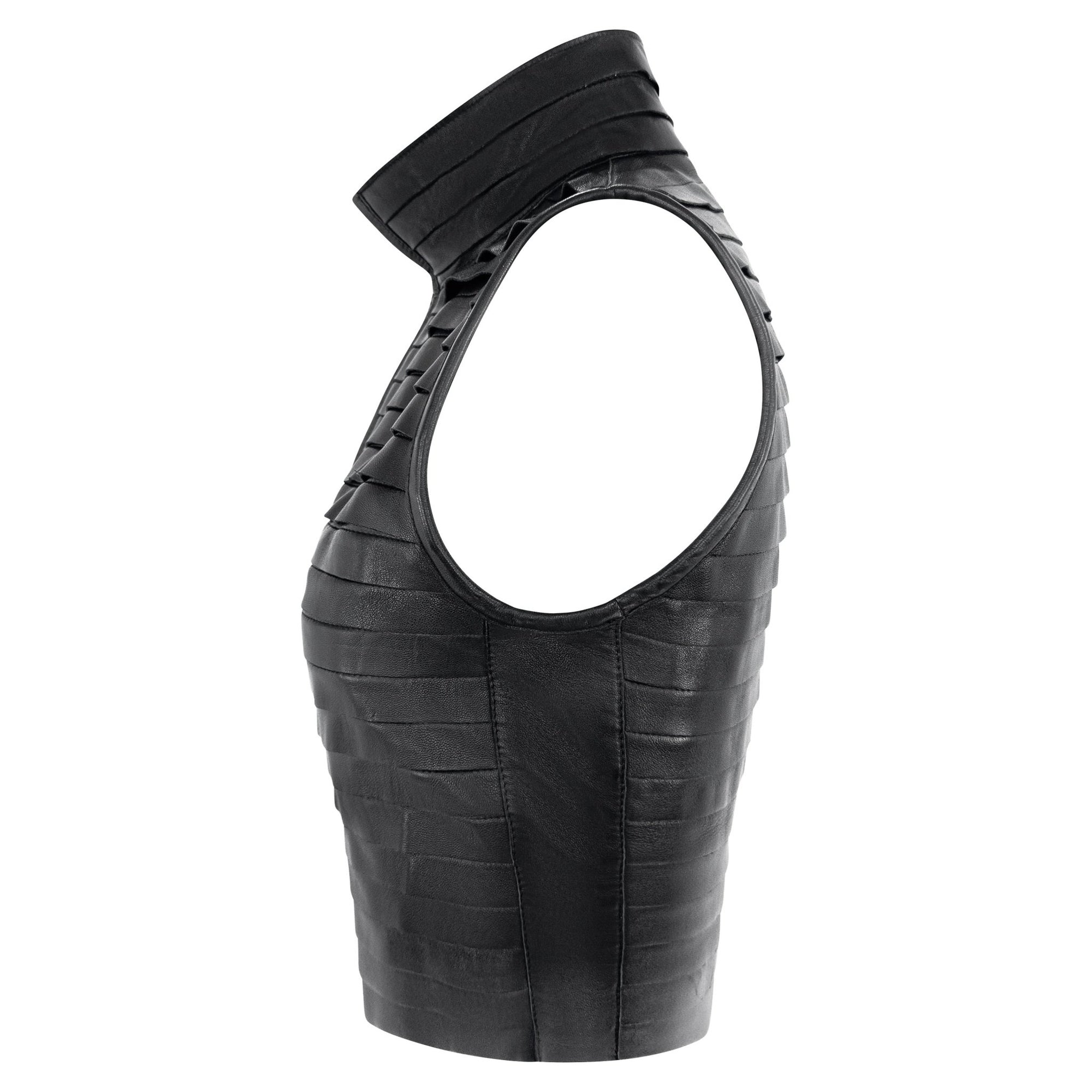 F/W 2000 Giorgio Armani Runway Black Leather Strip Sleeveless Cropped Vest - RealList
