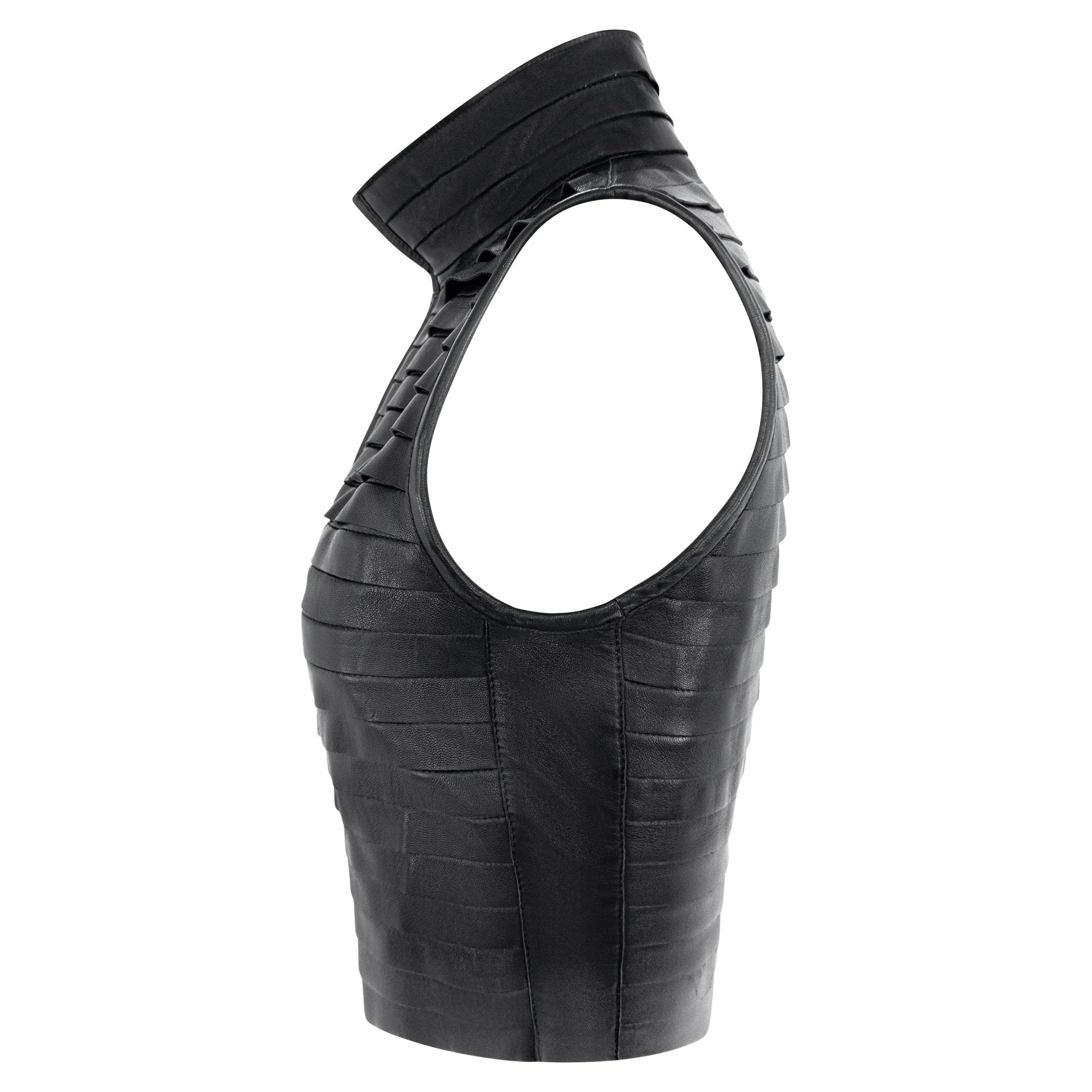 F/W 2000 Giorgio Armani Runway Black Leather Strip Sleeveless Cropped Vest - RealList