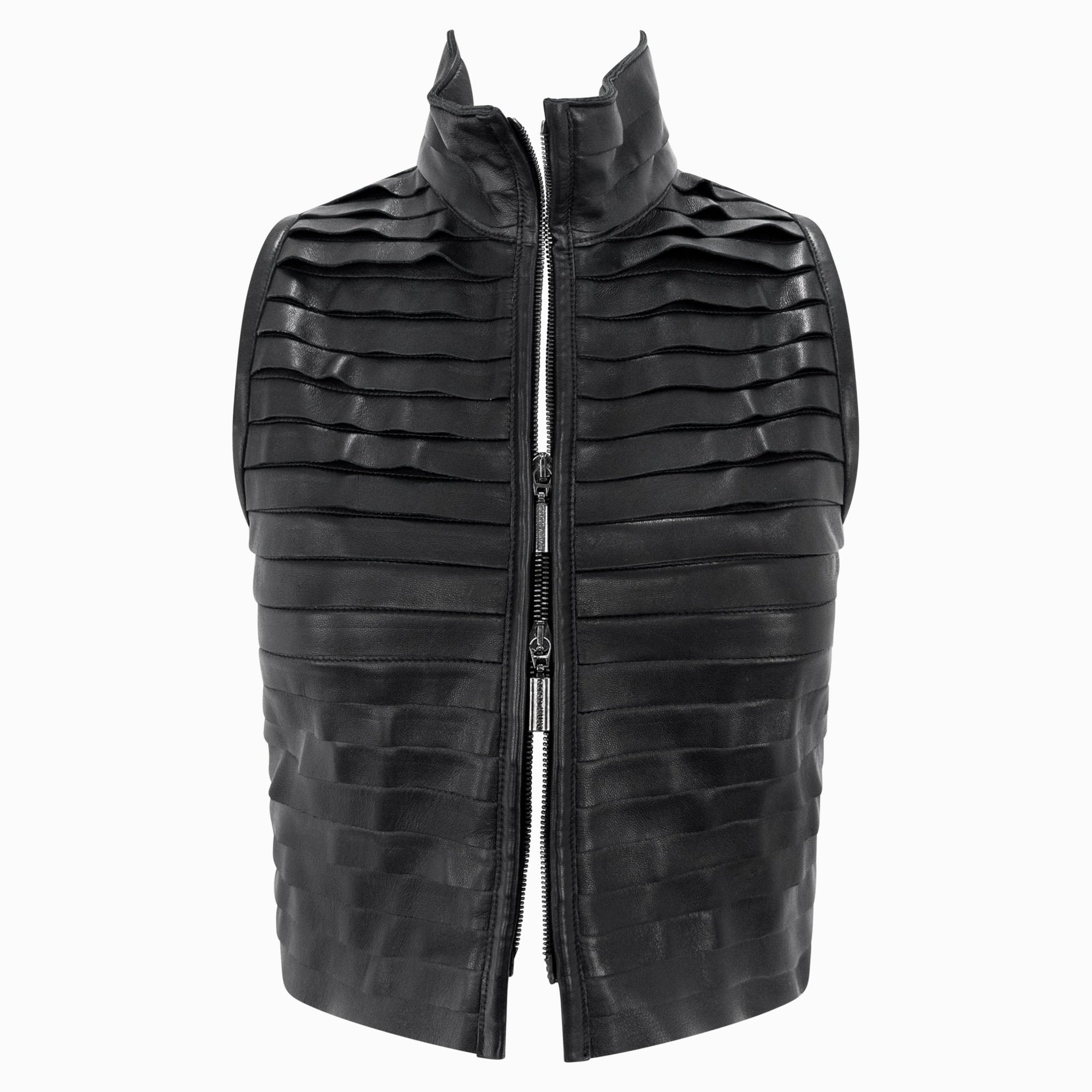 F/W 2000 Giorgio Armani Runway Black Leather Strip Sleeveless Cropped Vest - RealList