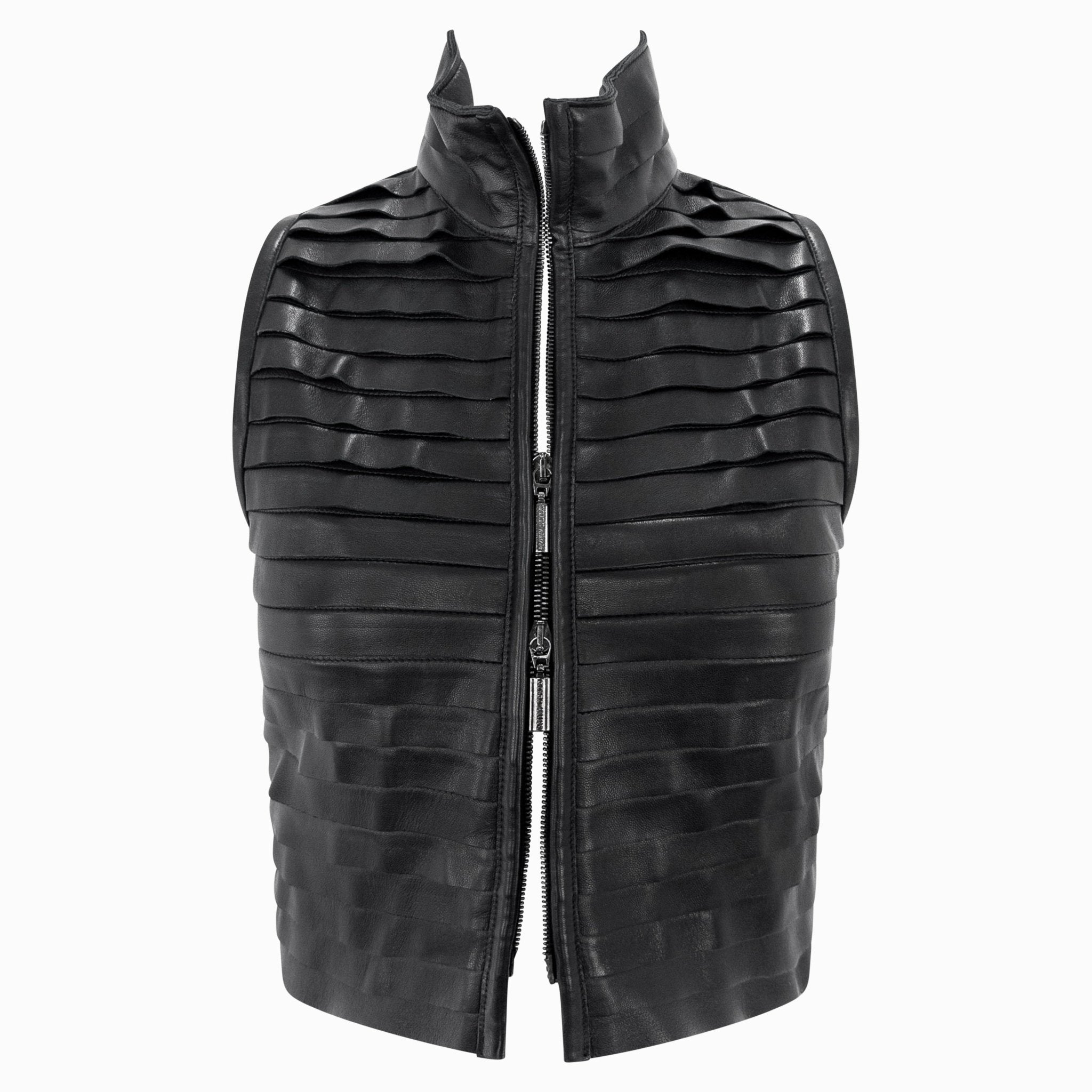 F/W 2000 Giorgio Armani Runway Black Leather Strip Sleeveless Cropped Vest - RealList