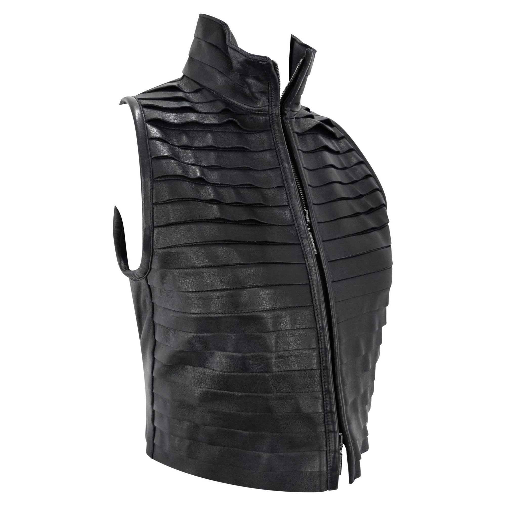 F/W 2000 Giorgio Armani Runway Black Leather Strip Sleeveless Cropped Vest - RealList