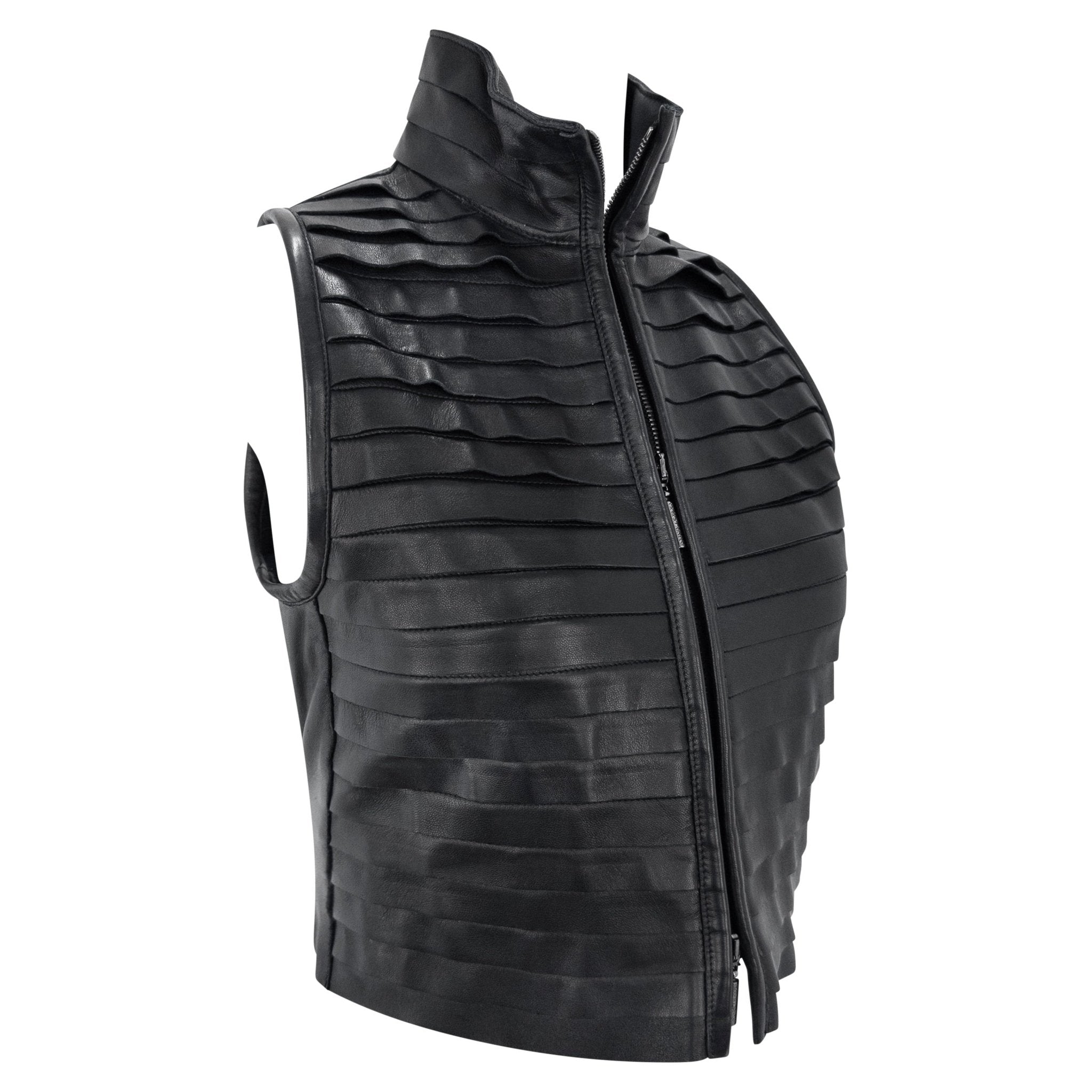 F/W 2000 Giorgio Armani Runway Black Leather Strip Sleeveless Cropped Vest - RealList