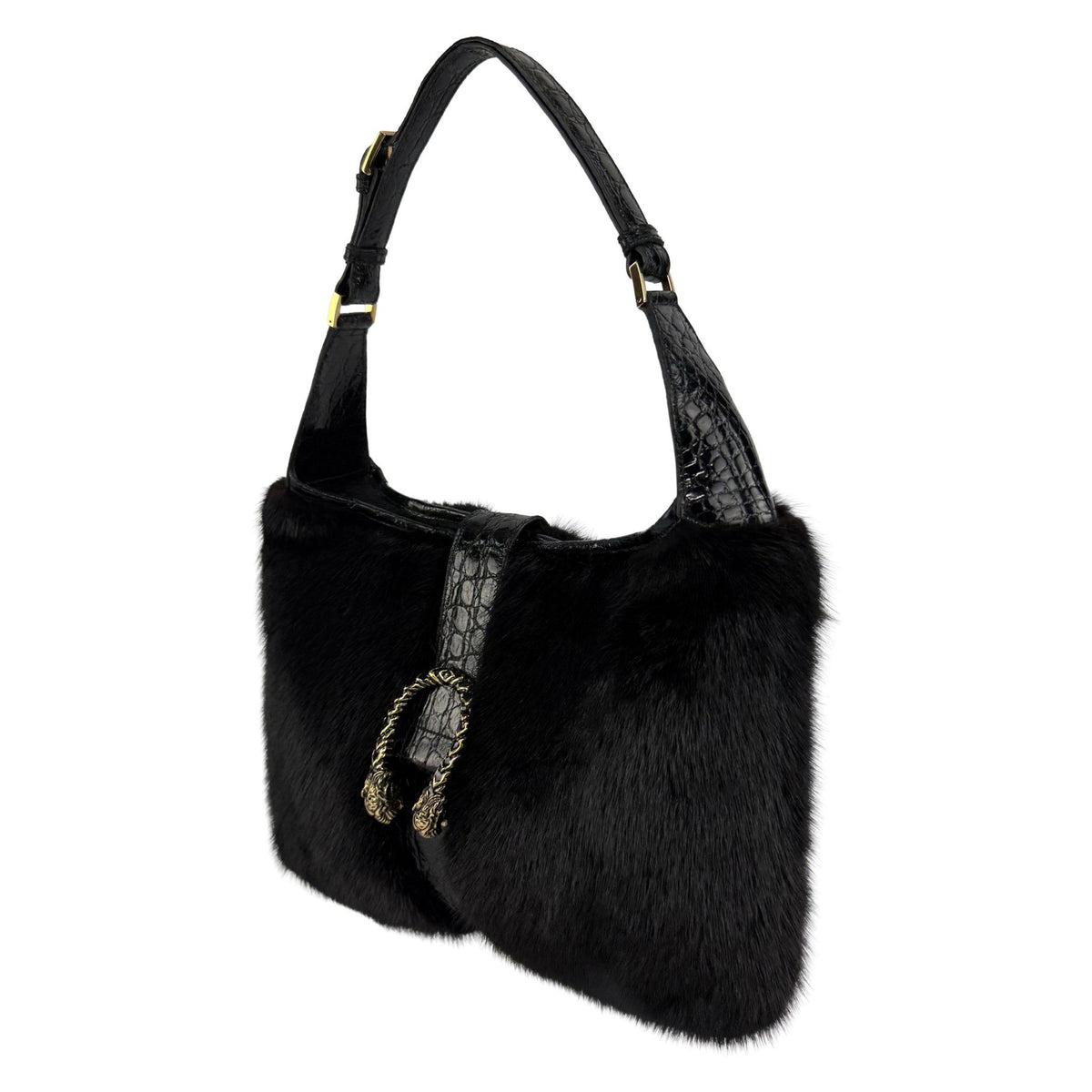 F/W 2000 Gucci by Tom Ford Black Mink Fur Genuine Alligator Trim Shoulder Bag - RealList