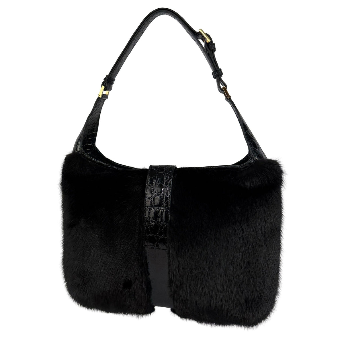 F/W 2000 Gucci by Tom Ford Black Mink Fur Genuine Alligator Trim Shoulder Bag - RealList