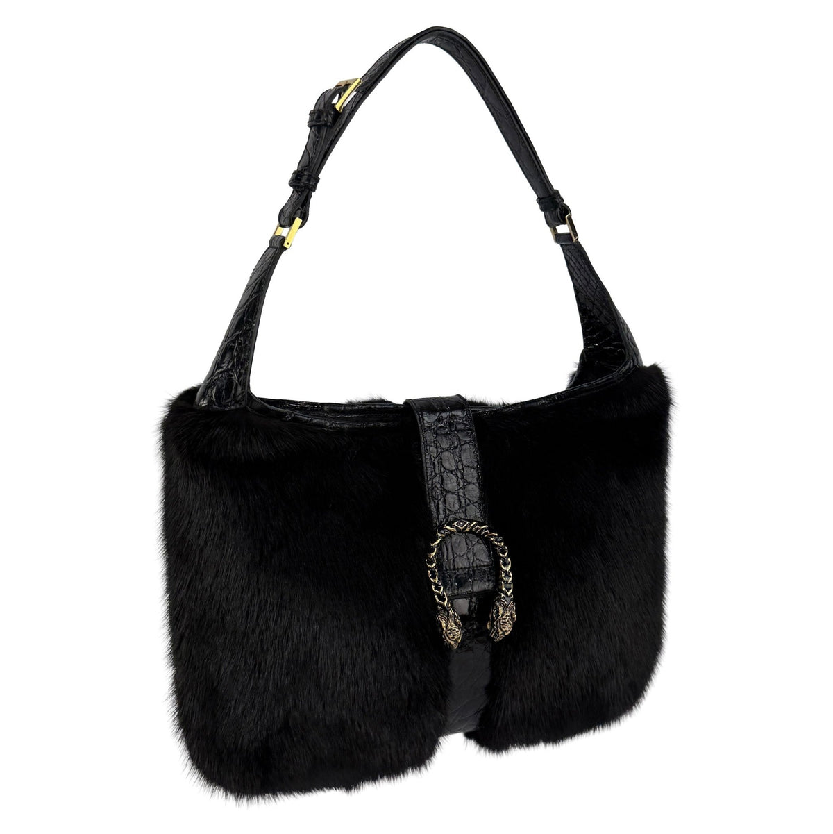 F/W 2000 Gucci by Tom Ford Black Mink Fur Genuine Alligator Trim Shoulder Bag - RealList