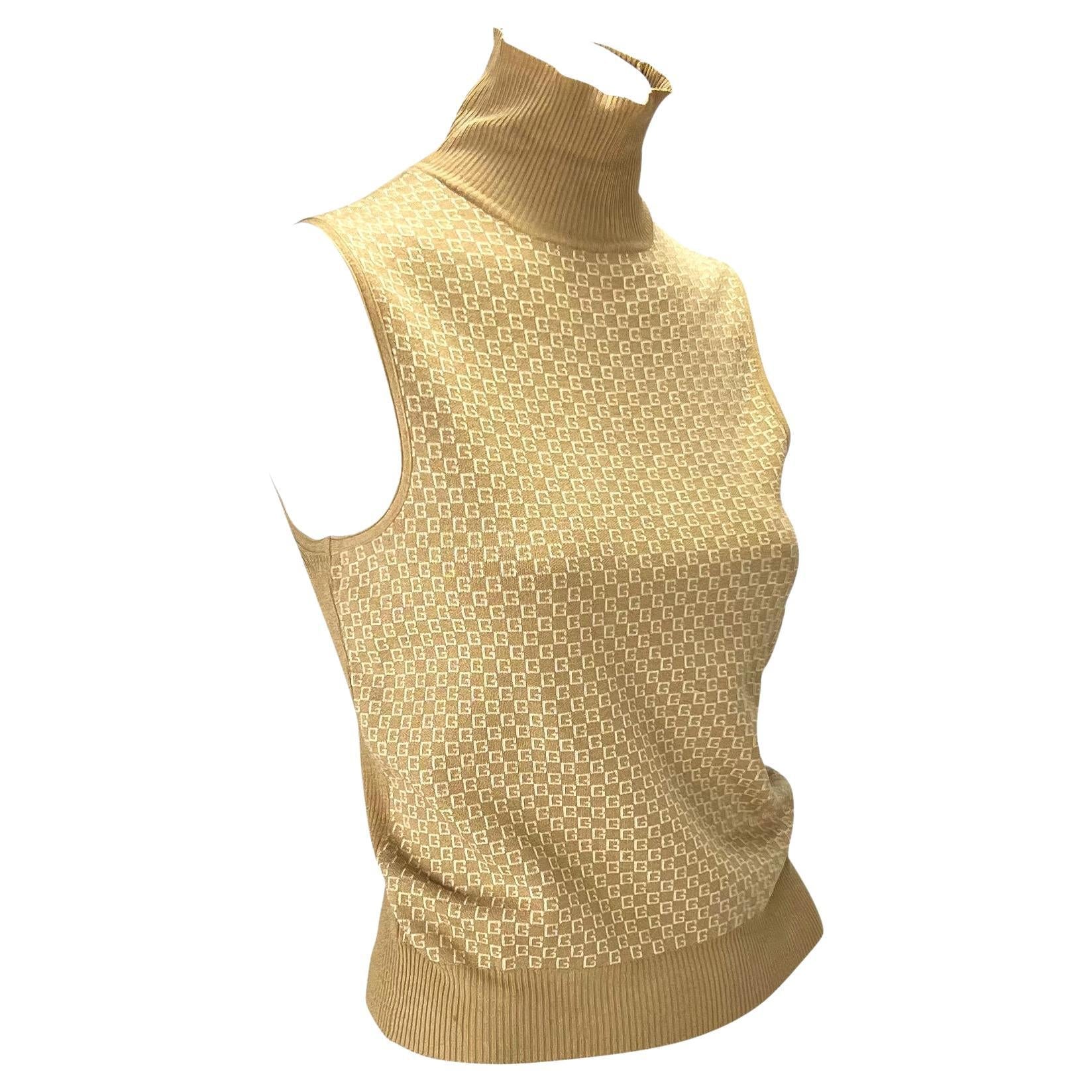 F/W 2000 Gucci by Tom Ford GG Mock Neck Stretch Silk Blend Beige Sweater Top - RealList