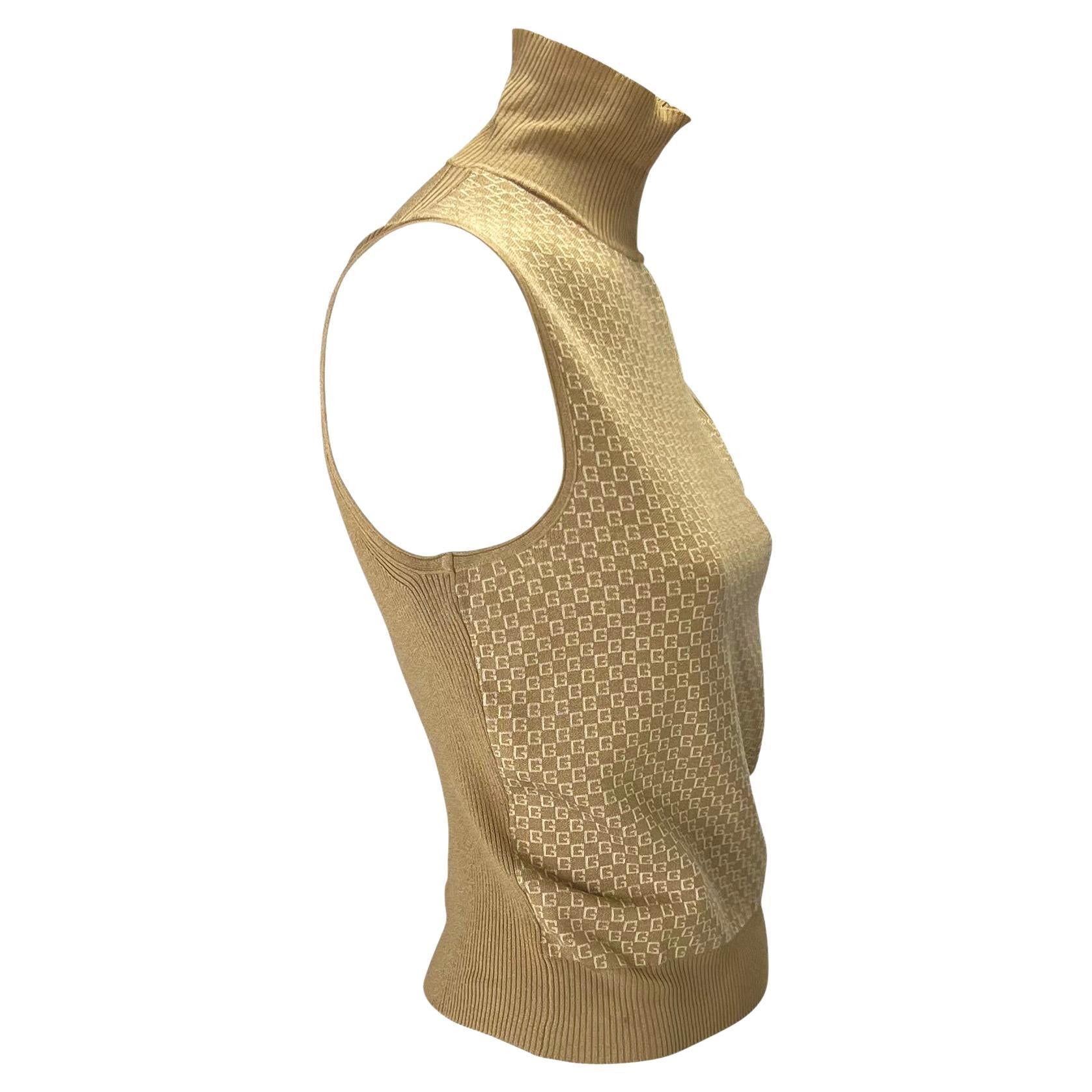 F/W 2000 Gucci by Tom Ford GG Mock Neck Stretch Silk Blend Beige Sweater Top - RealList