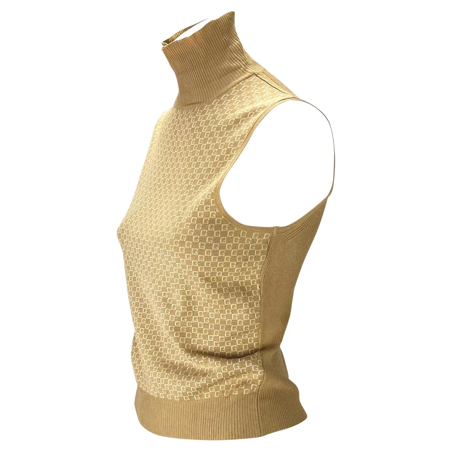 F/W 2000 Gucci by Tom Ford GG Mock Neck Stretch Silk Blend Beige Sweater Top - RealList