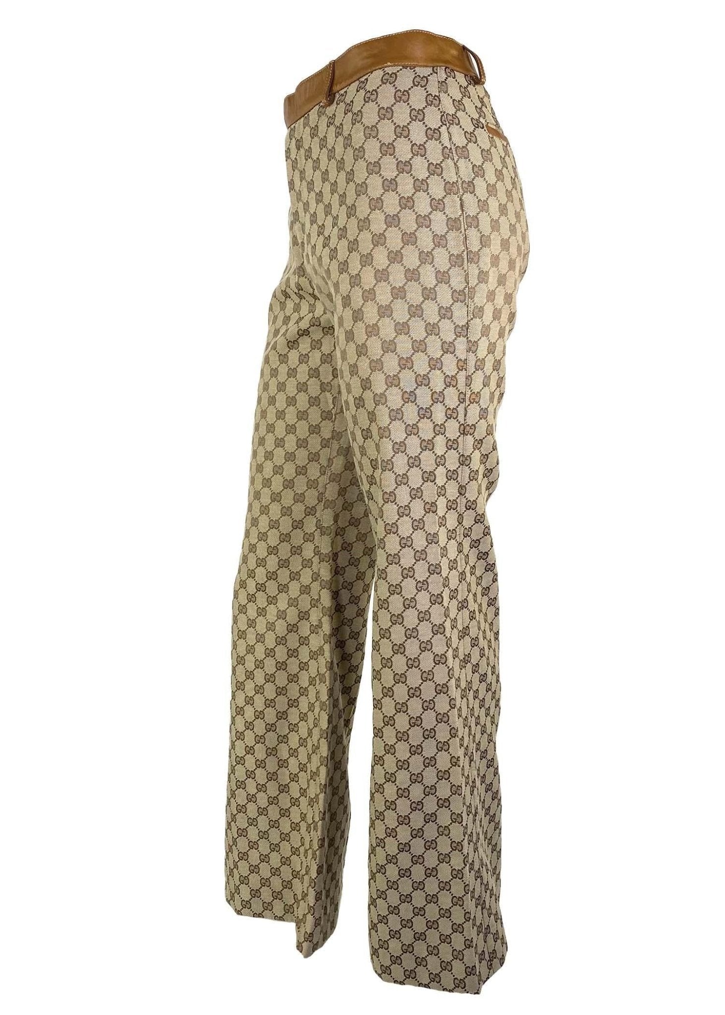 F/W 2000 Gucci by Tom Ford GG Monogram Leather Trimmed Wide Leg Pants Y2K - RealList