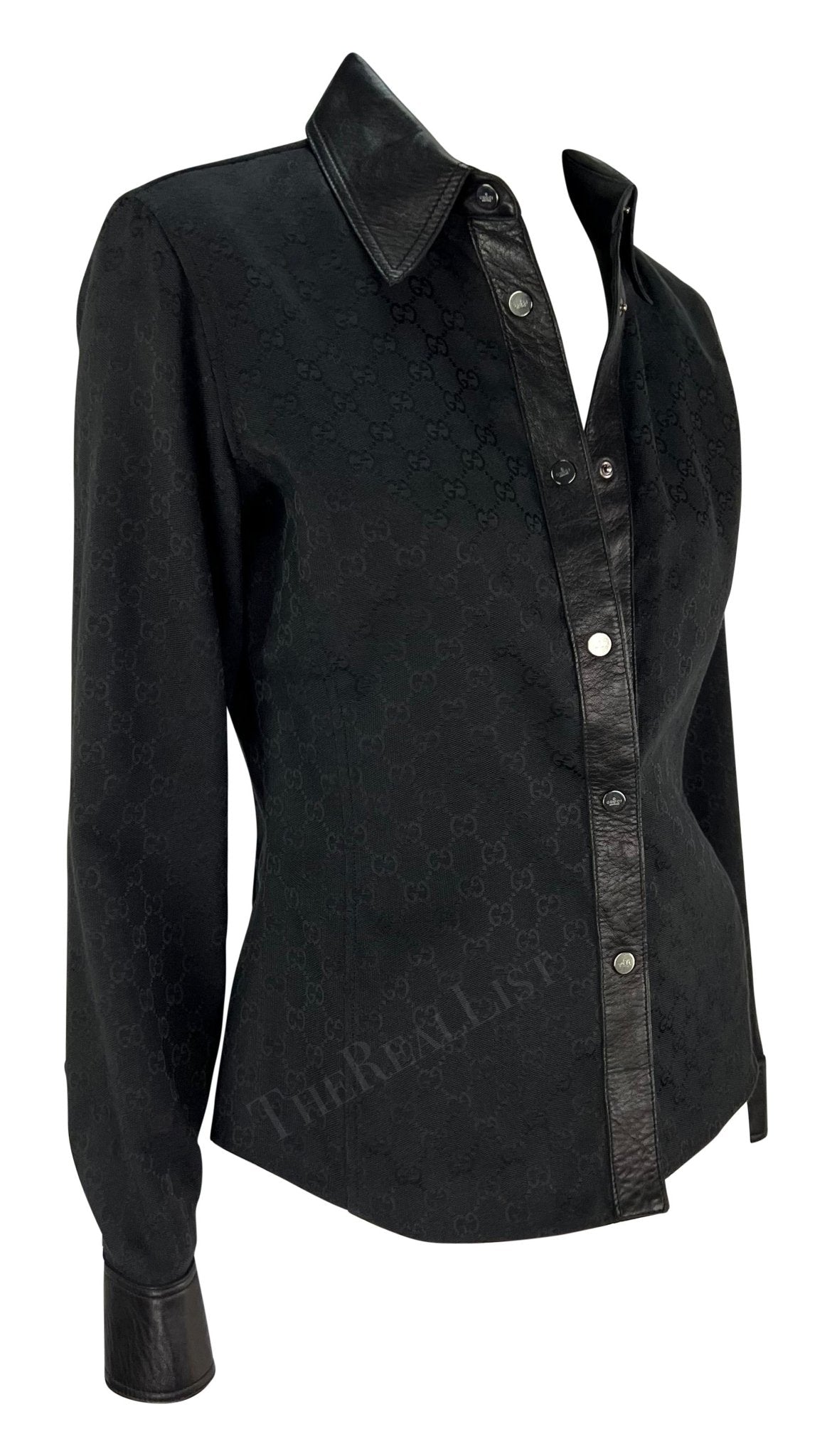 F/W 2000 Gucci by Tom Ford Leather Trim Black GG Monogram Collared Snap Shirt - RealList